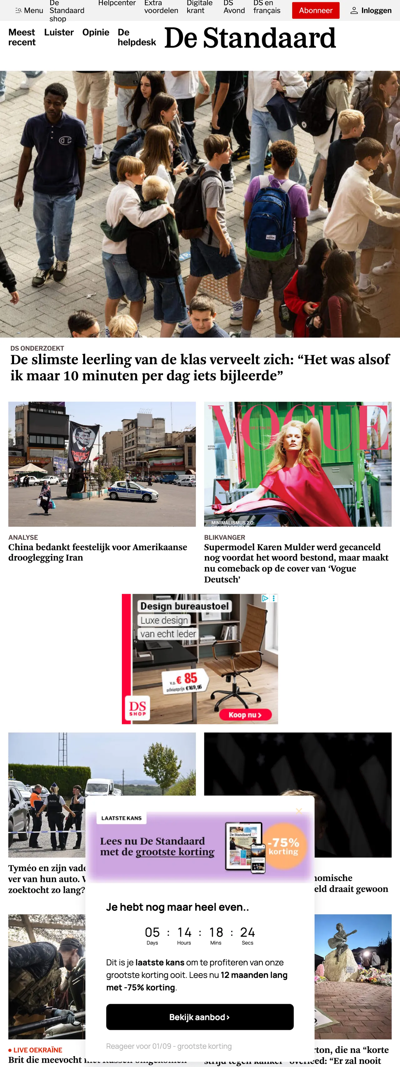 Screenshot of the De Standaard front page
