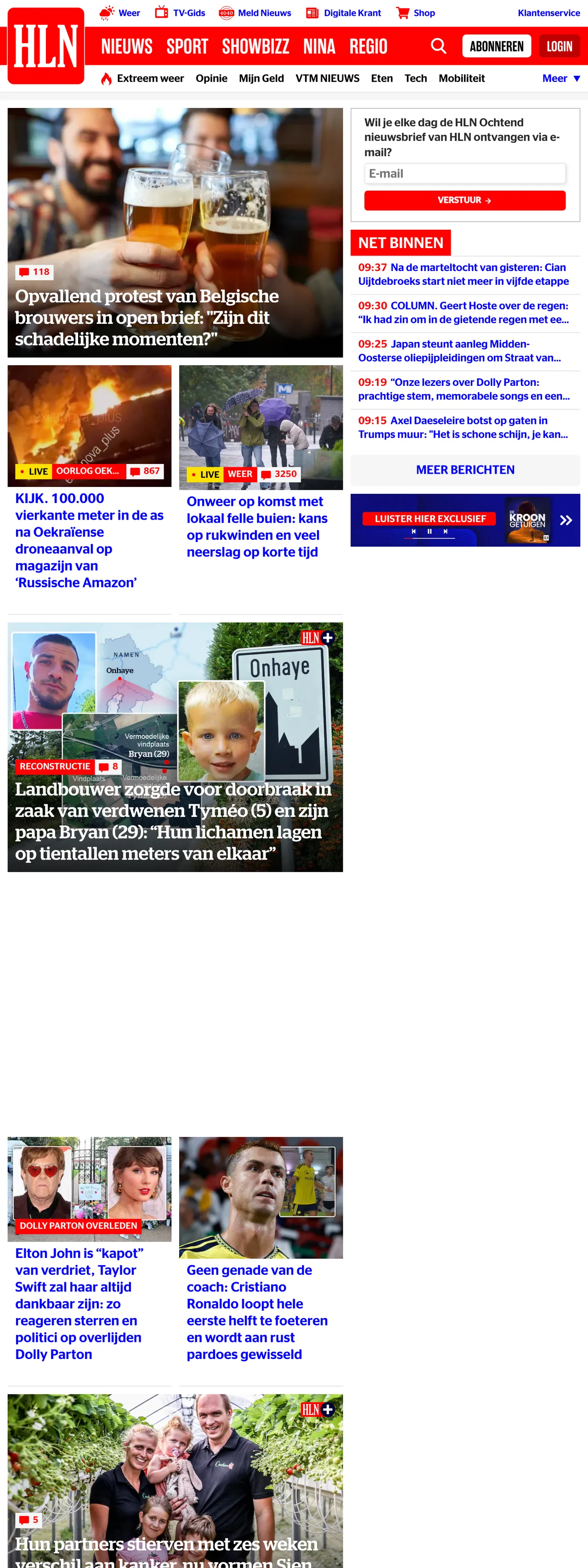 Screenshot of the HLN front page