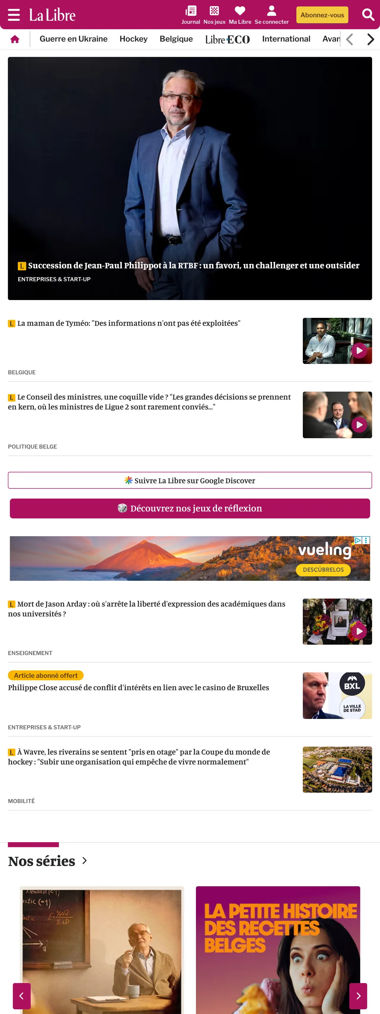Screenshot of the La Libre front page
