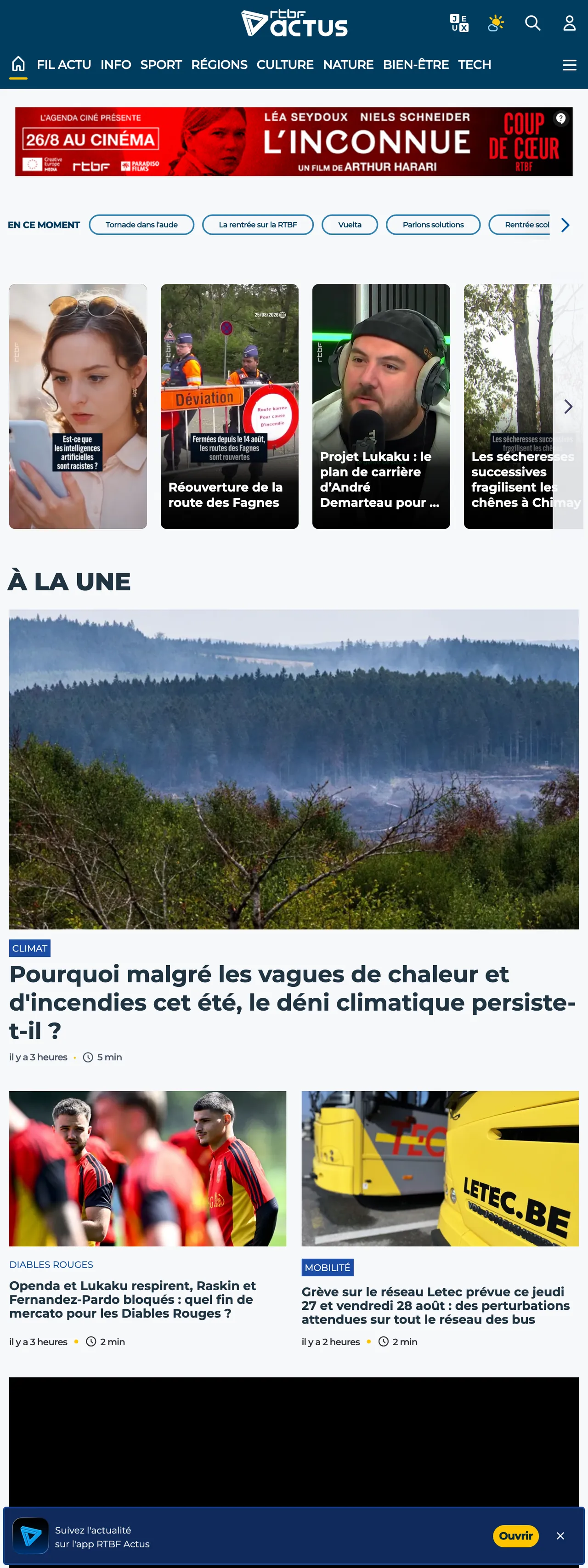 Screenshot of the RTBF front page