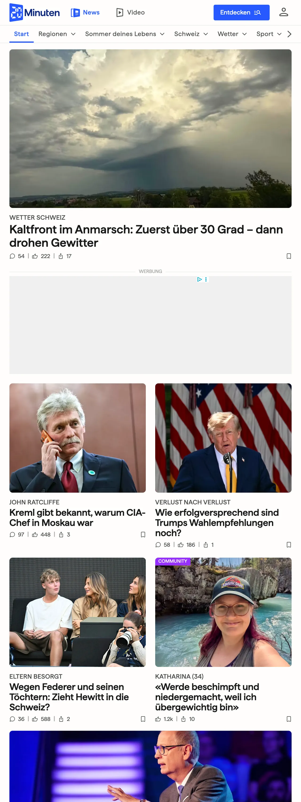 Screenshot of the 20 Minuten front page