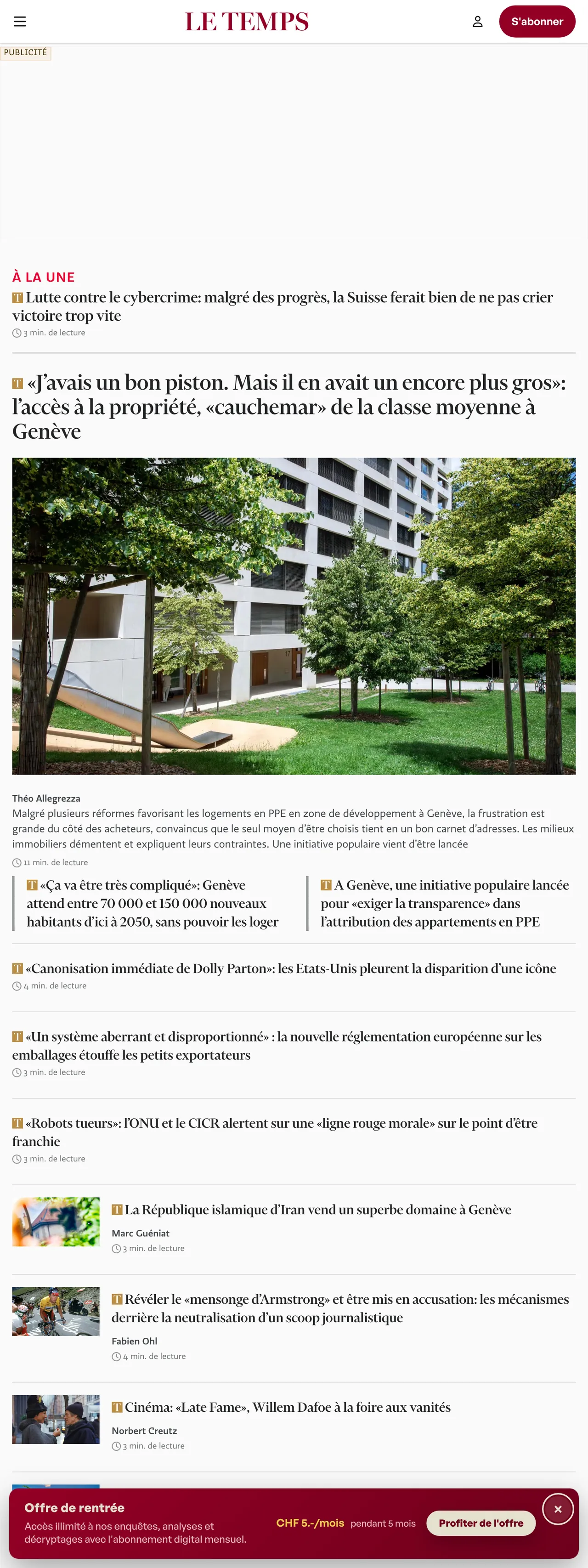 Screenshot of the Le Temps front page