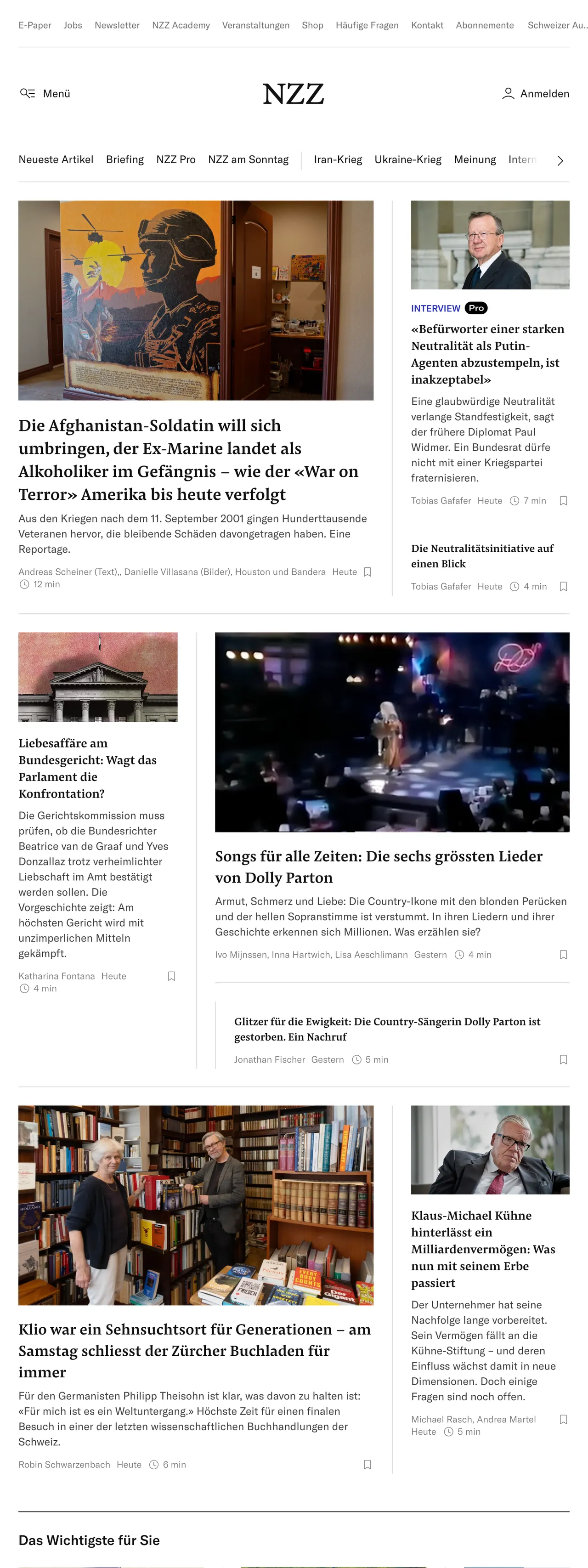 Screenshot of the Neue Zürcher Zeitung front page