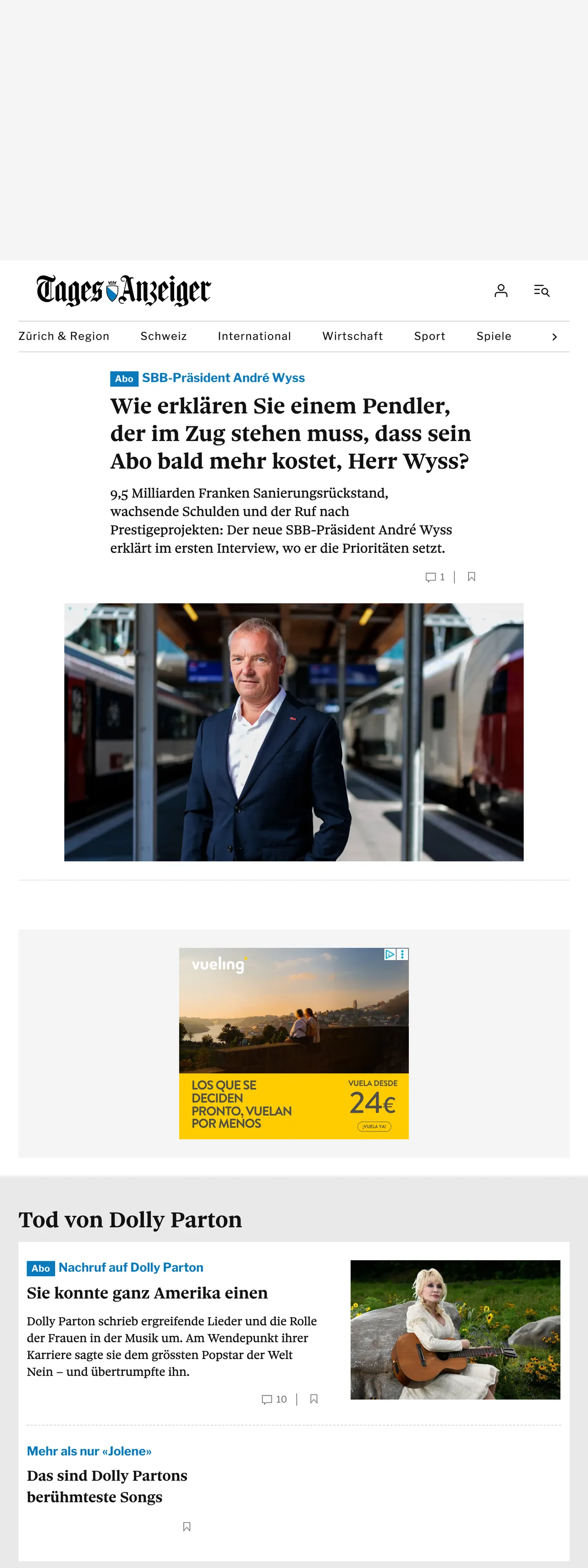 Screenshot of the Tages-Anzeiger front page