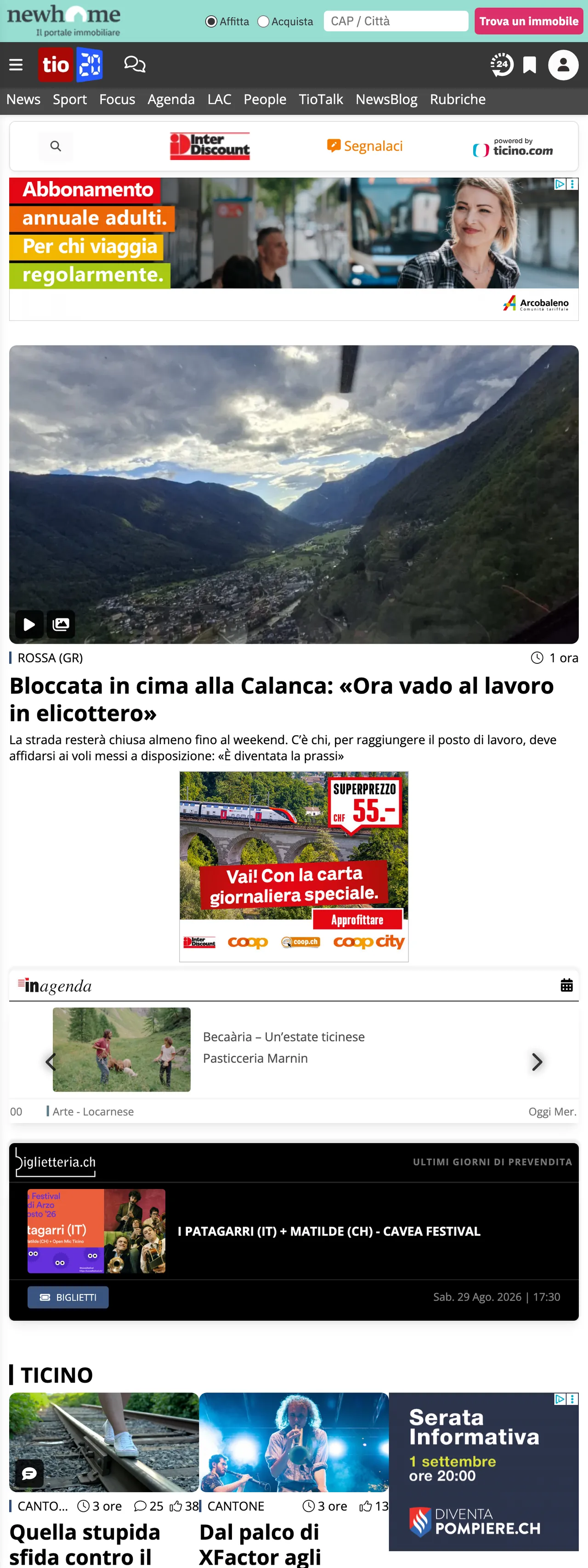 Screenshot of the Ticinonline front page