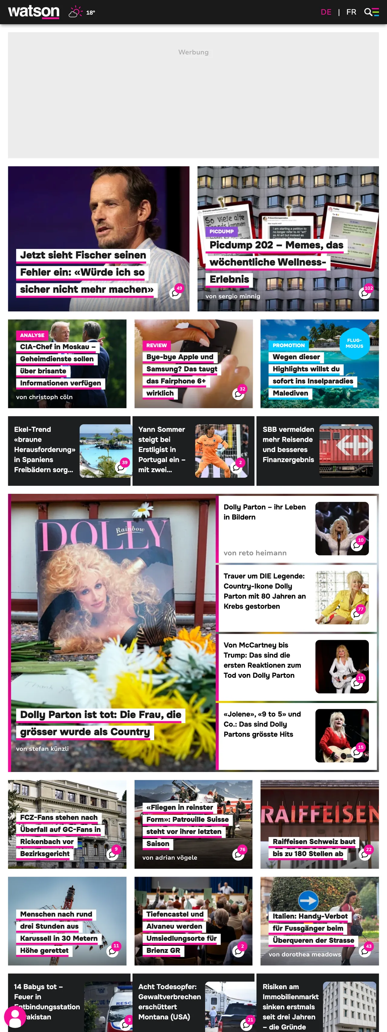 Screenshot of the watson front page
