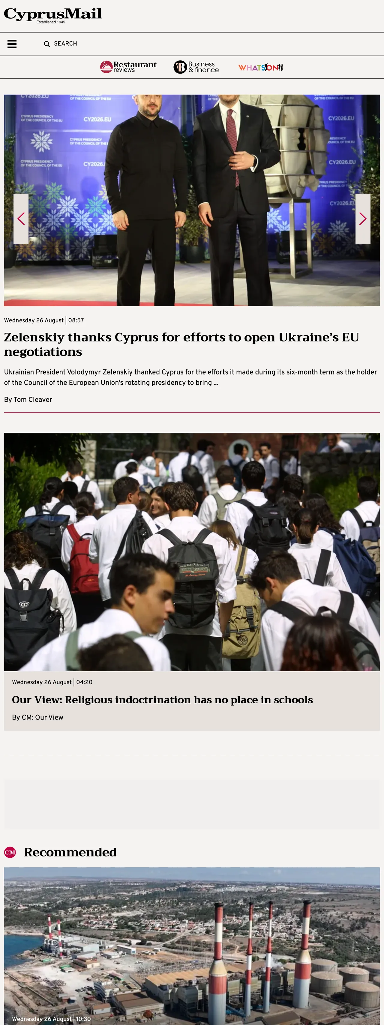 Screenshot of the Cyprus Mail front page