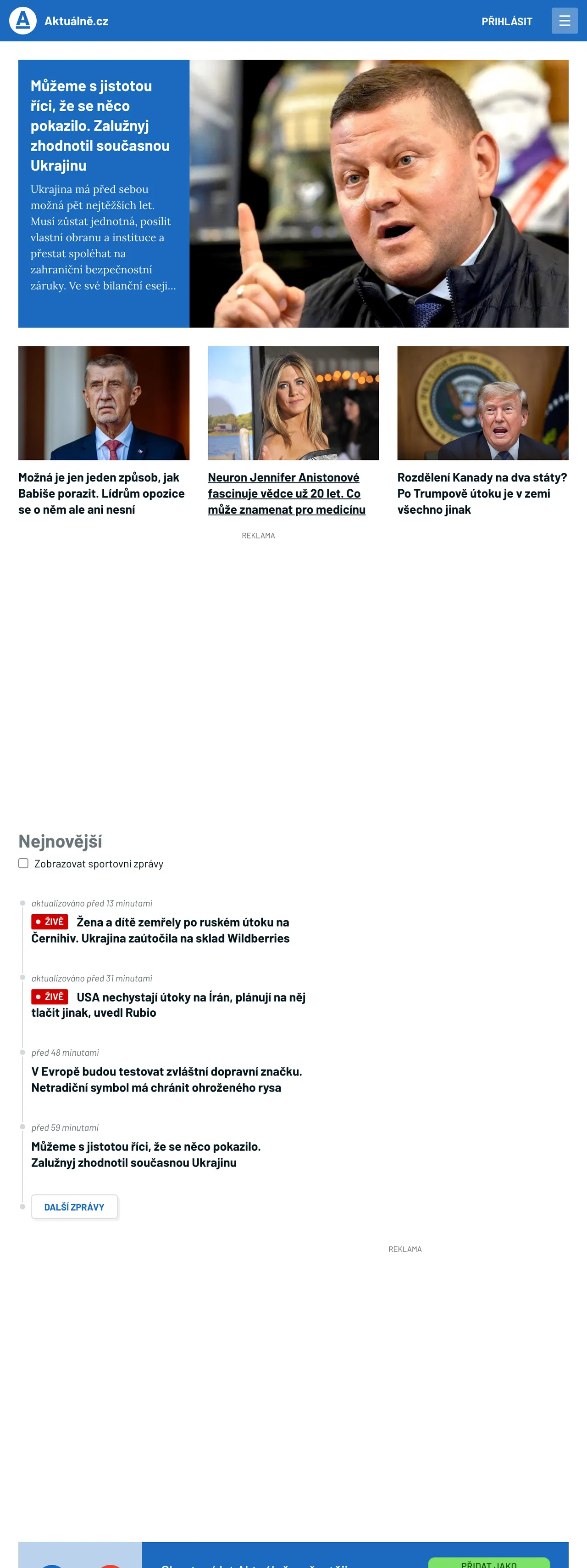 Screenshot of the Aktuálně.cz front page