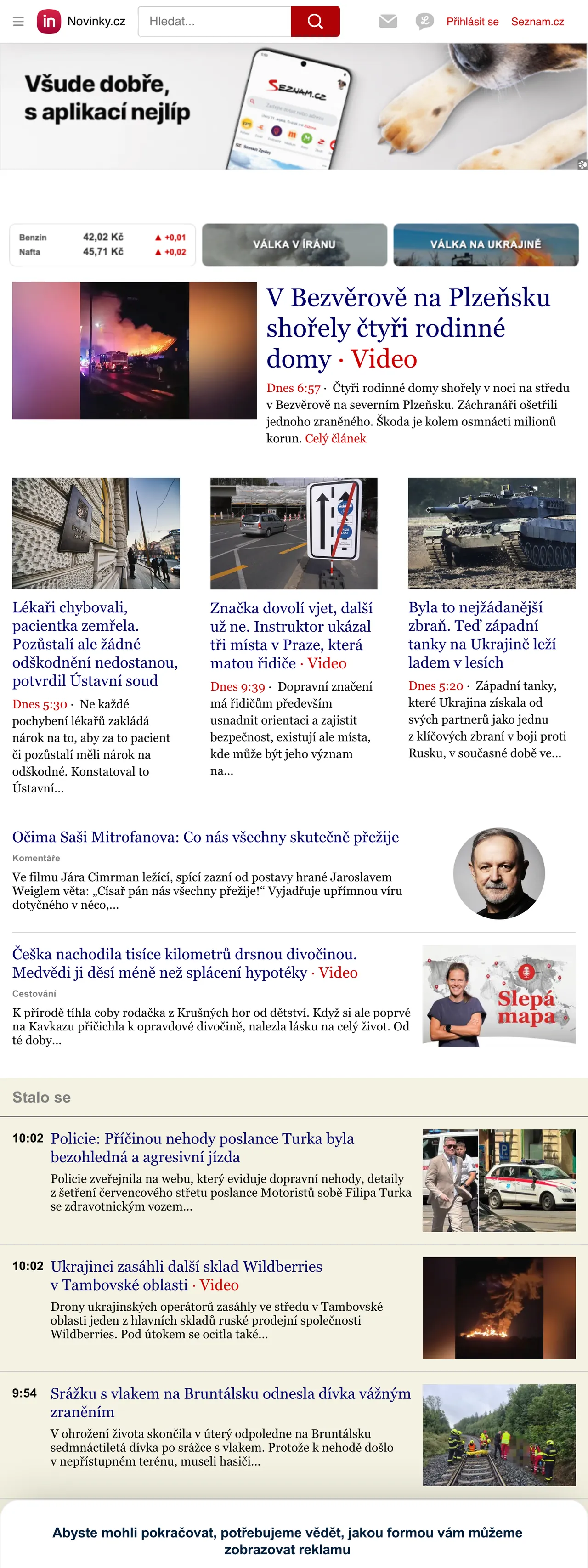 Screenshot of the Novinky.cz front page