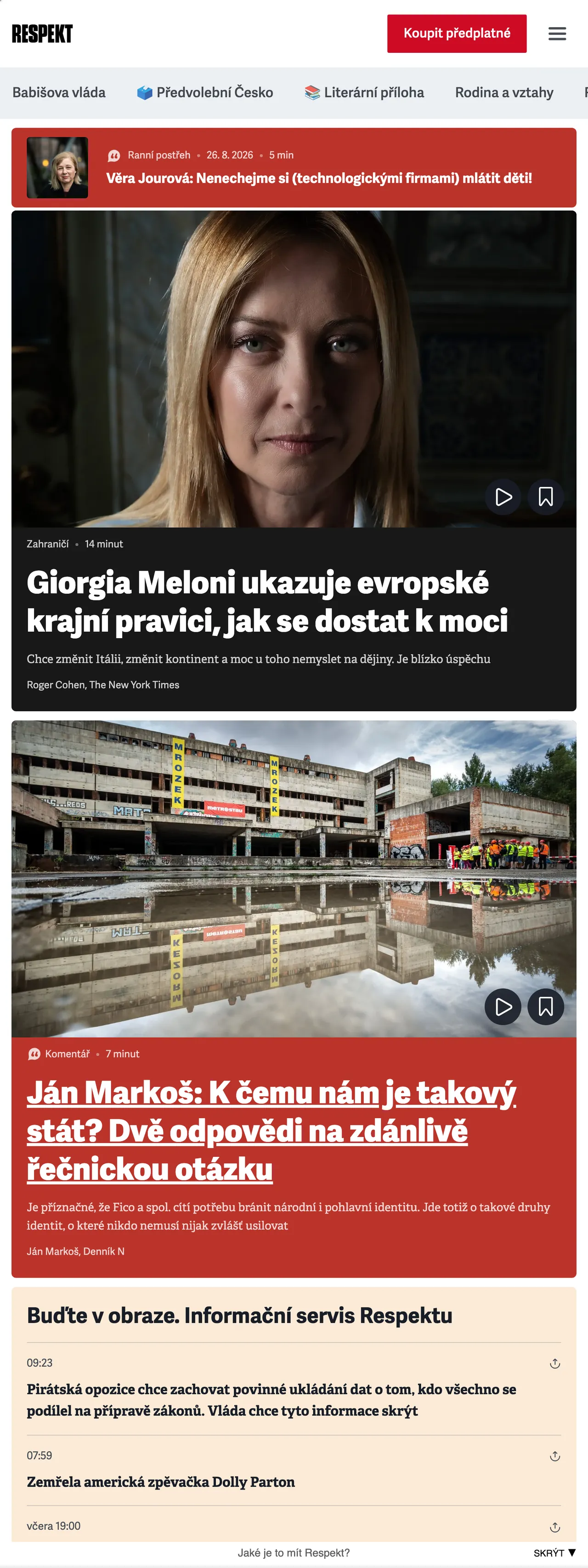 Screenshot of the Respekt front page