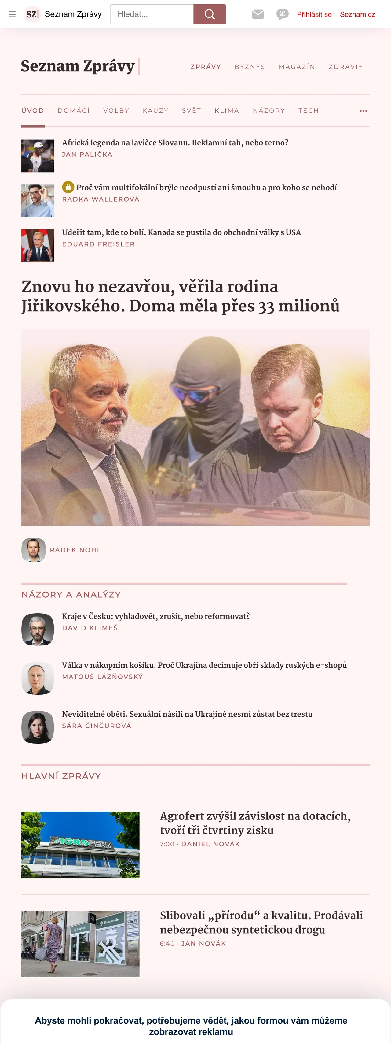 Screenshot of the Seznam Zprávy front page