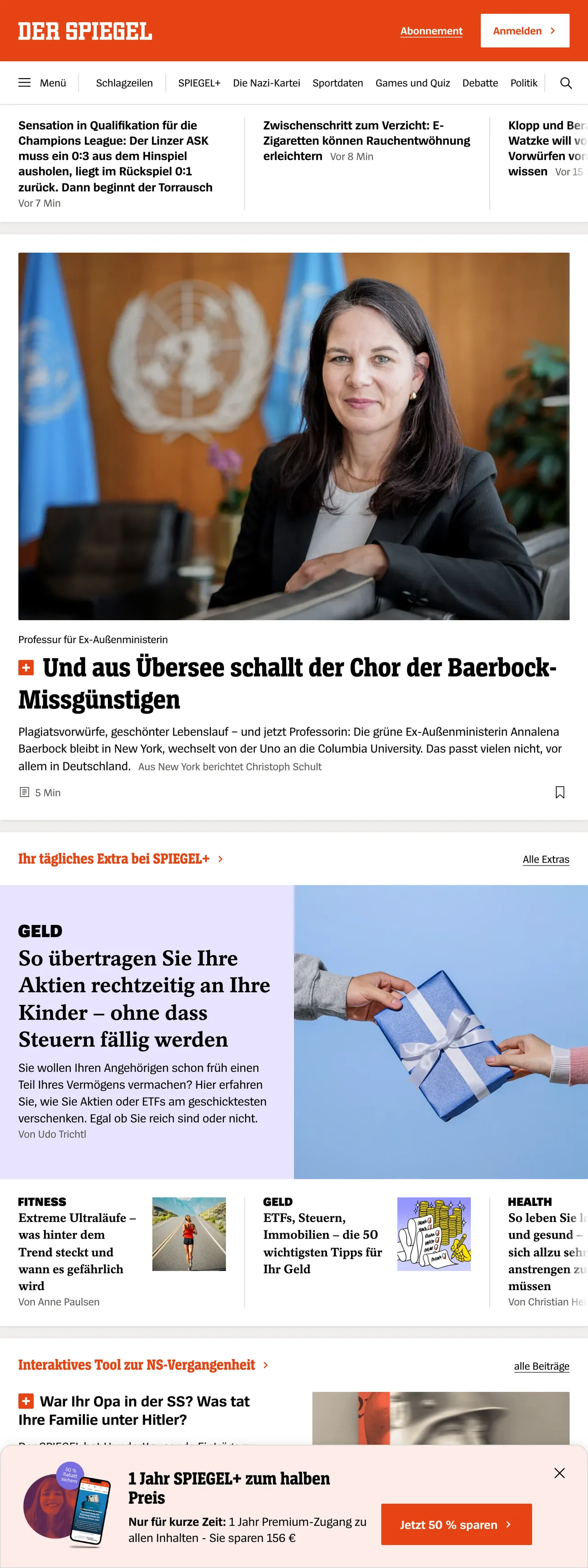 Screenshot of the DER SPIEGEL front page