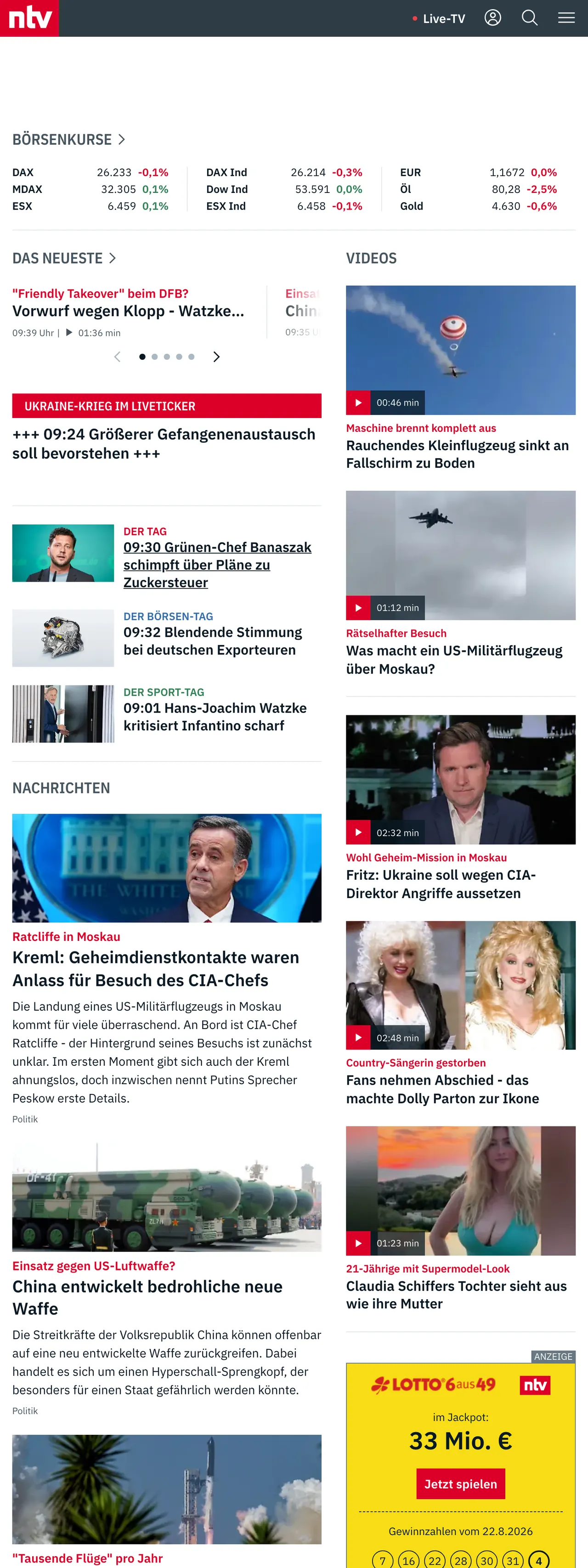 Screenshot of the n-tv front page