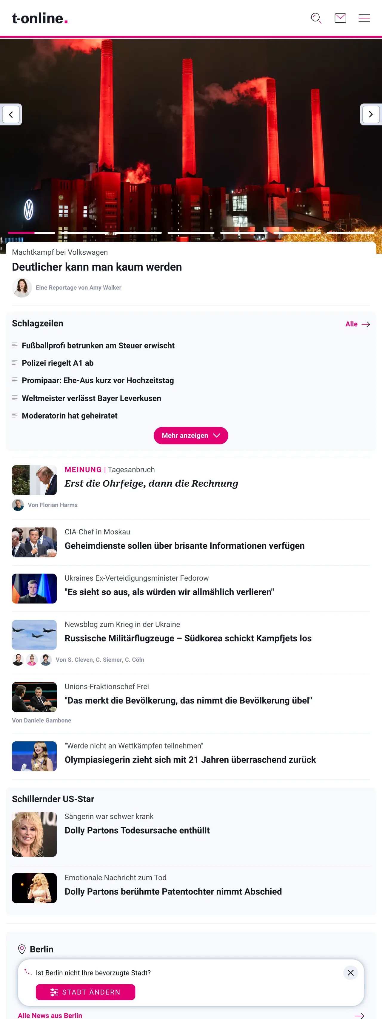 Screenshot of the t-online front page