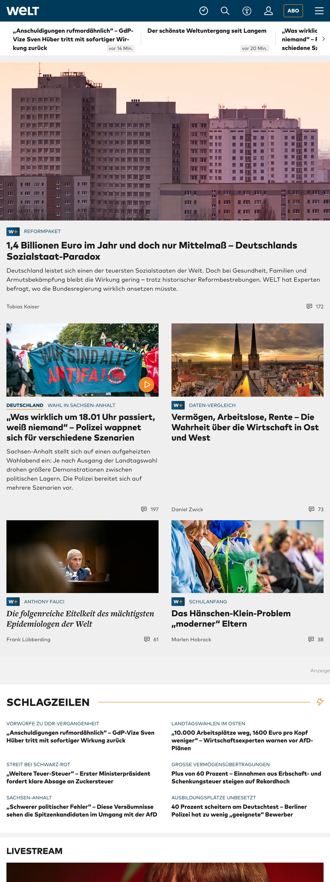 Screenshot of the WELT front page