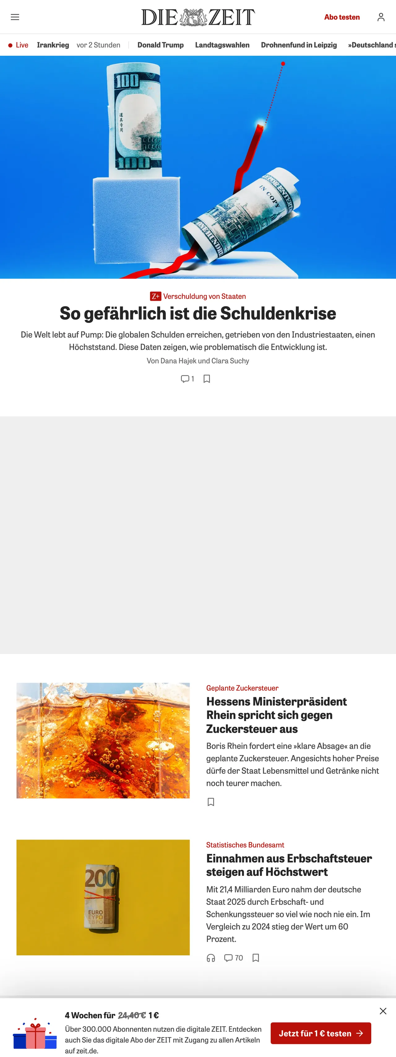 Screenshot of the ZEIT ONLINE front page