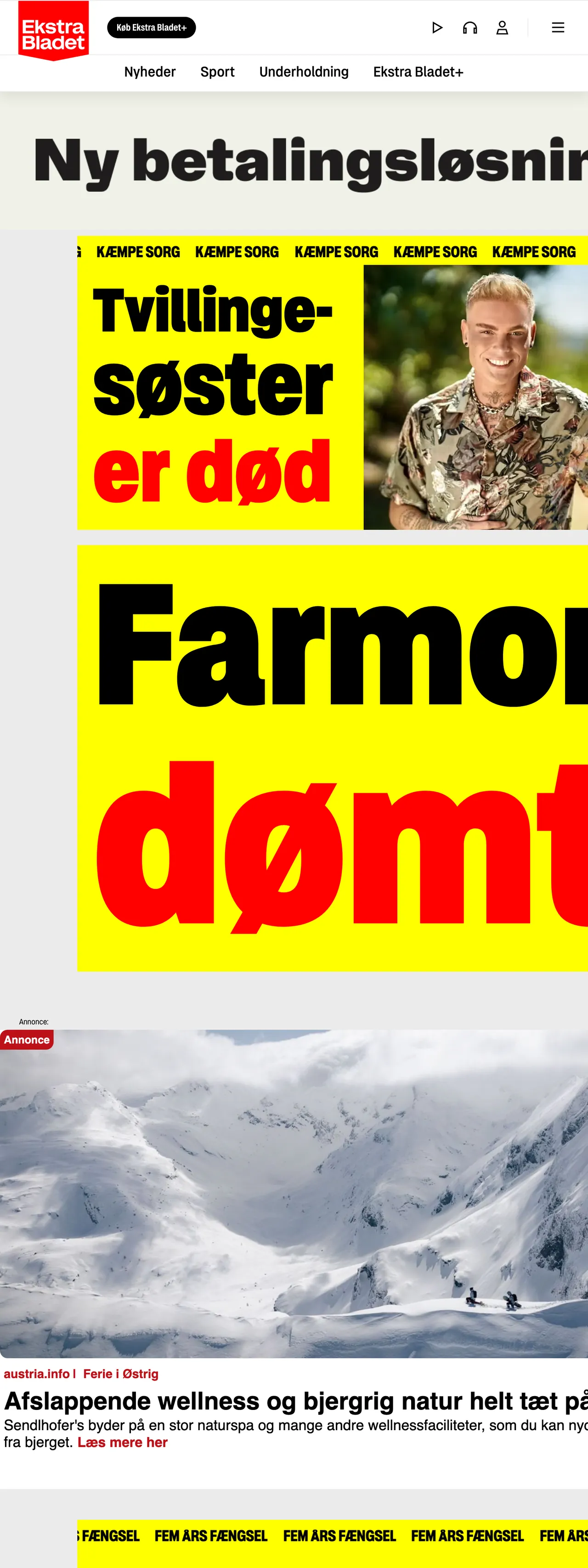 Screenshot of the Ekstra Bladet front page