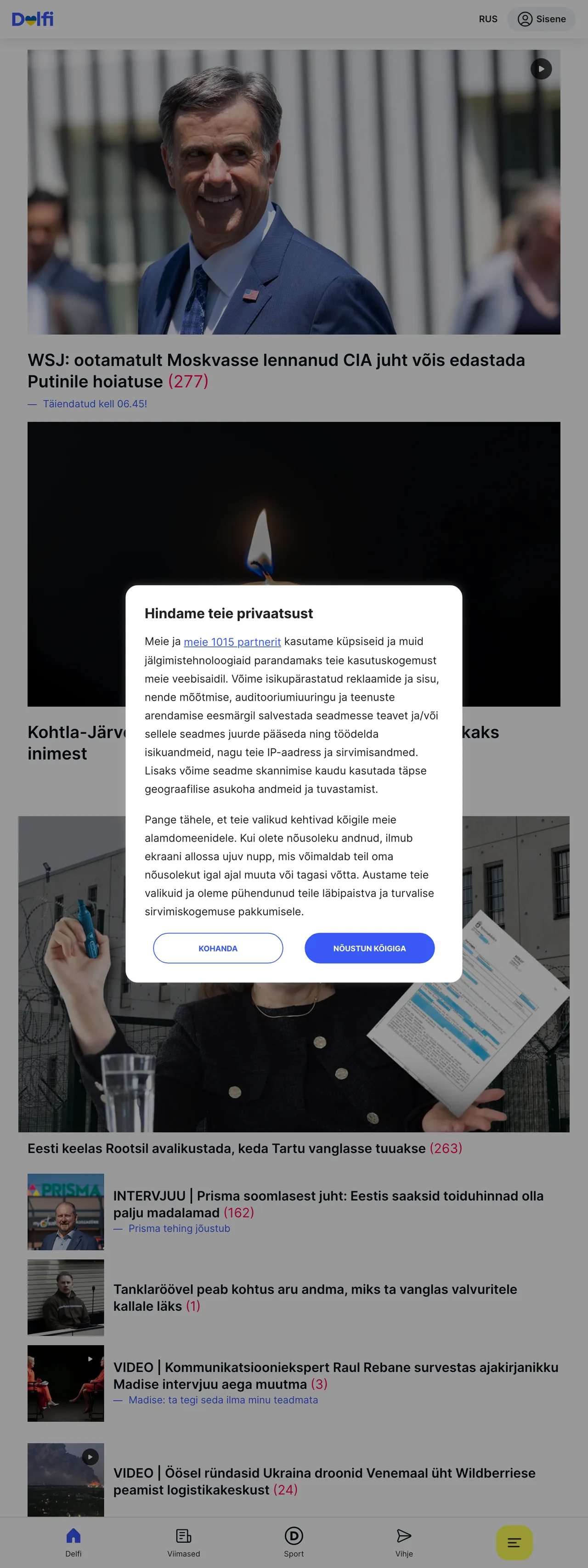 Screenshot of the Delfi front page