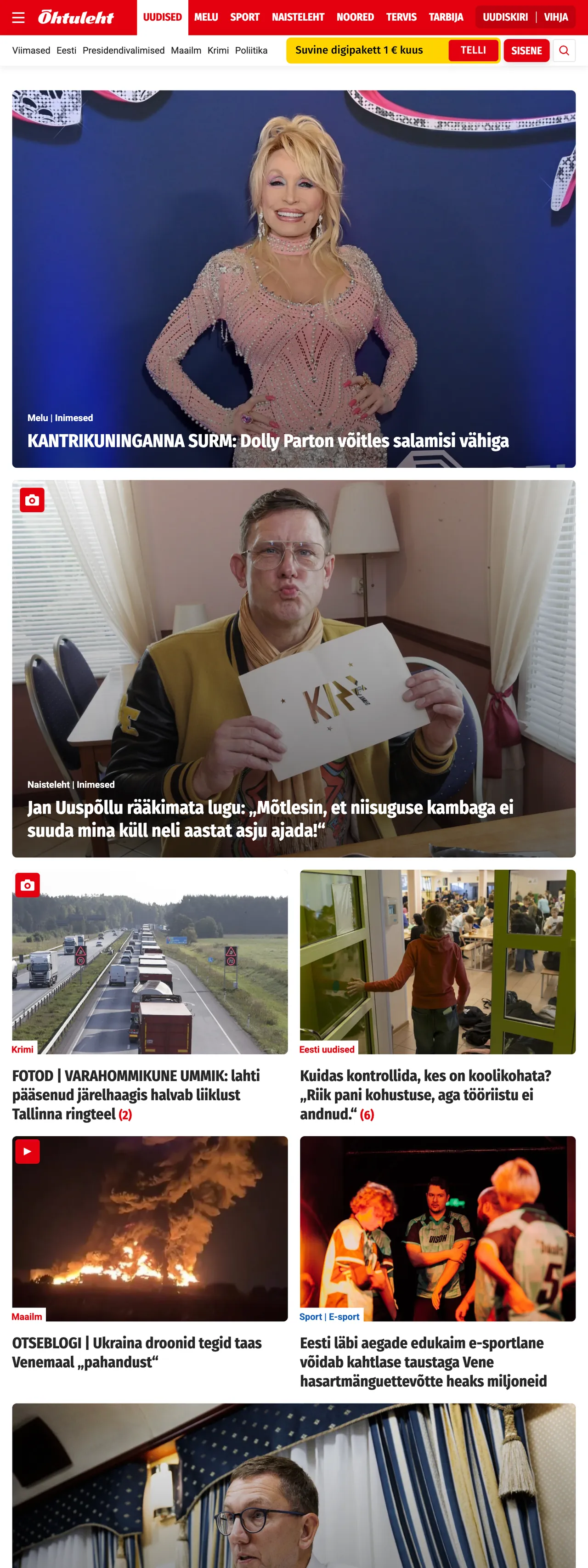 Screenshot of the Õhtuleht front page