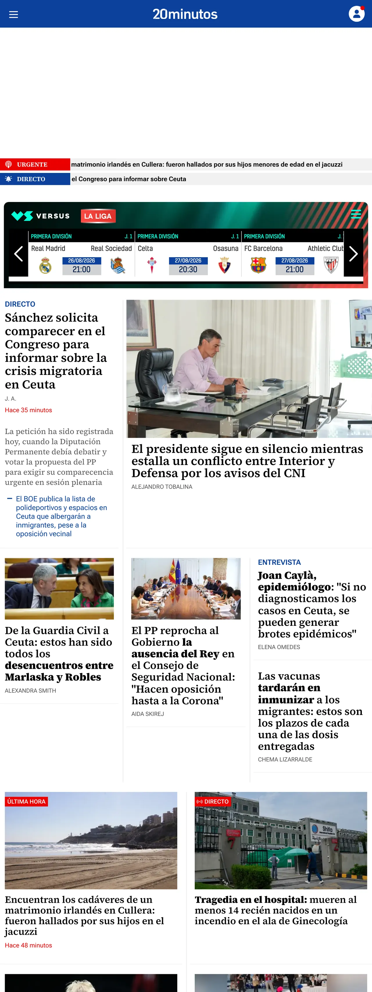 Screenshot of the 20minutos front page