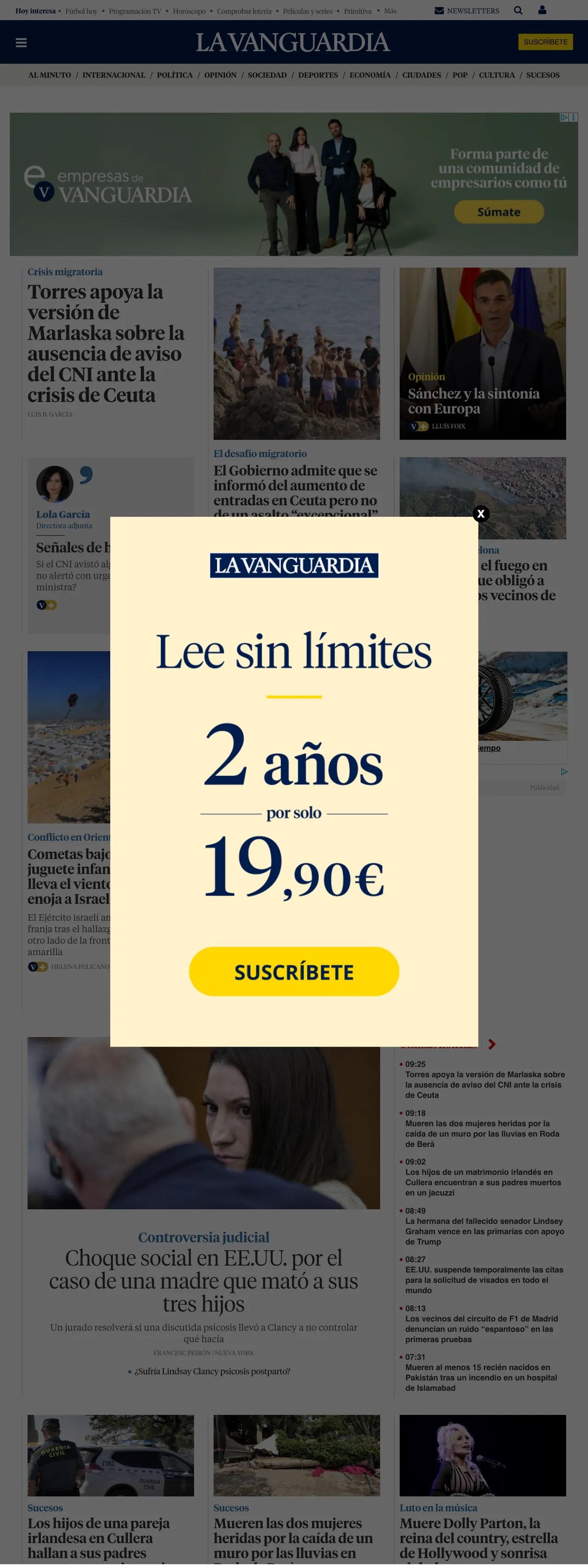 Screenshot of the La Vanguardia front page