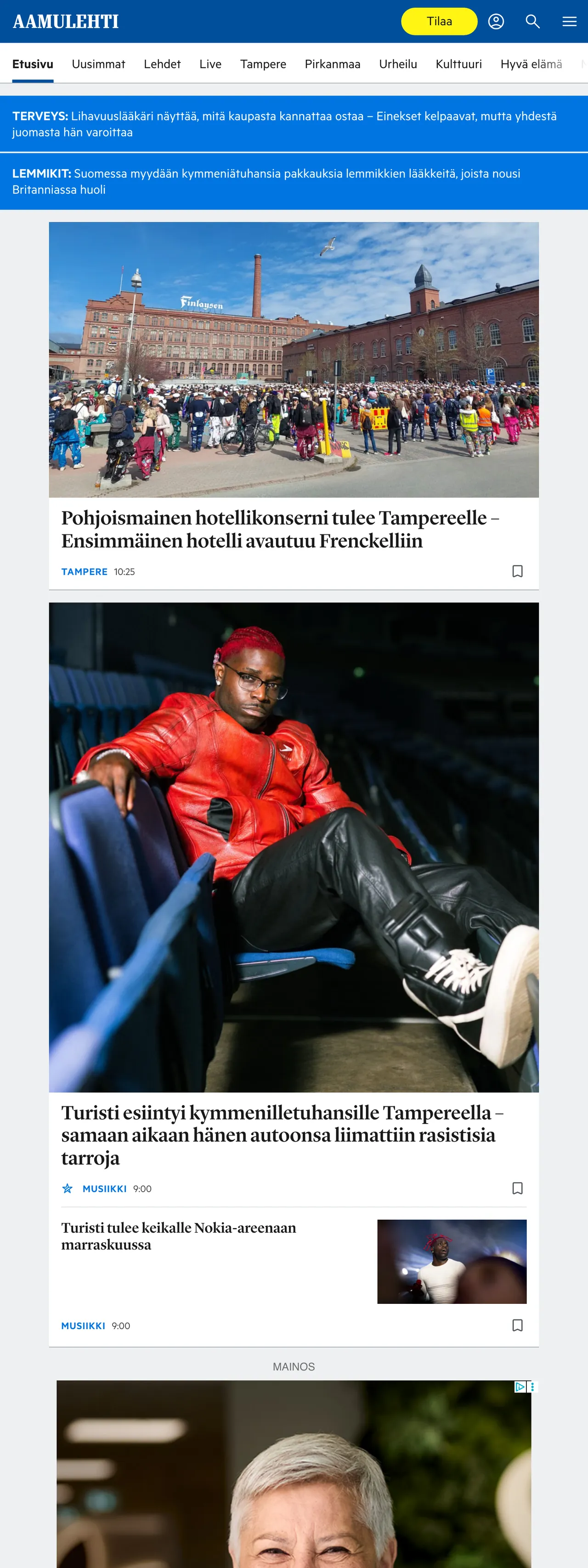 Screenshot of the Aamulehti front page
