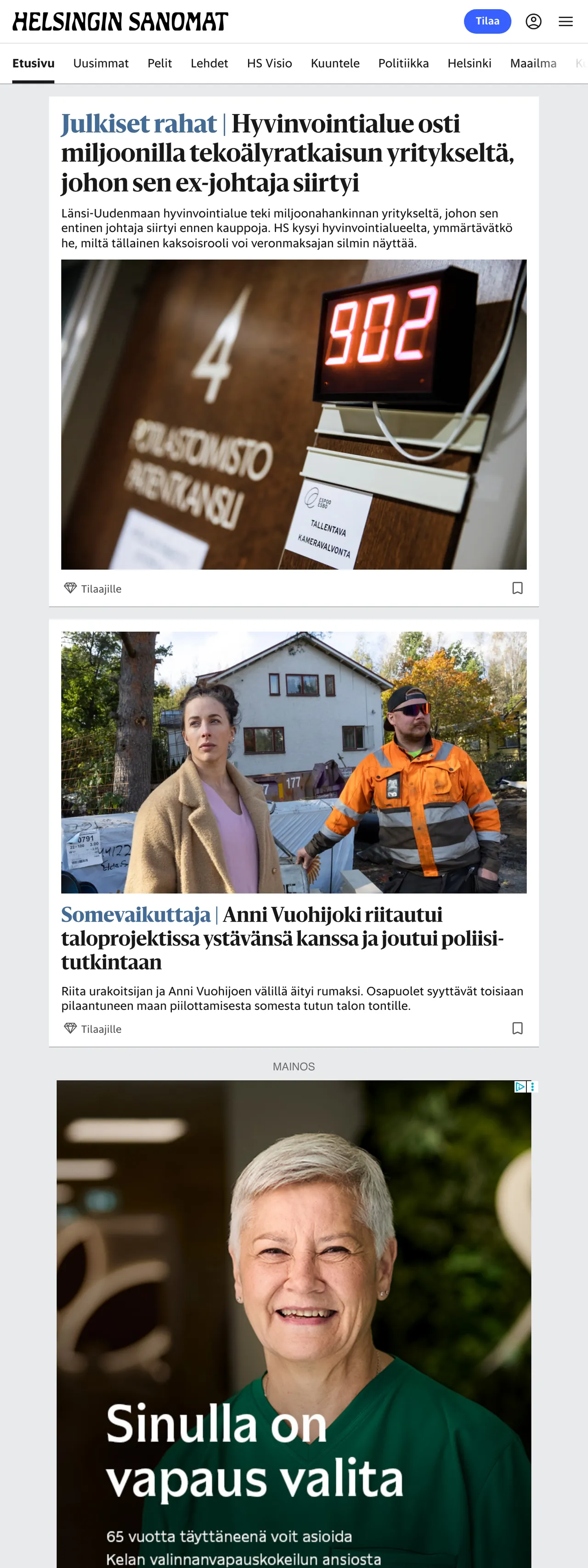 Screenshot of the Helsingin Sanomat front page