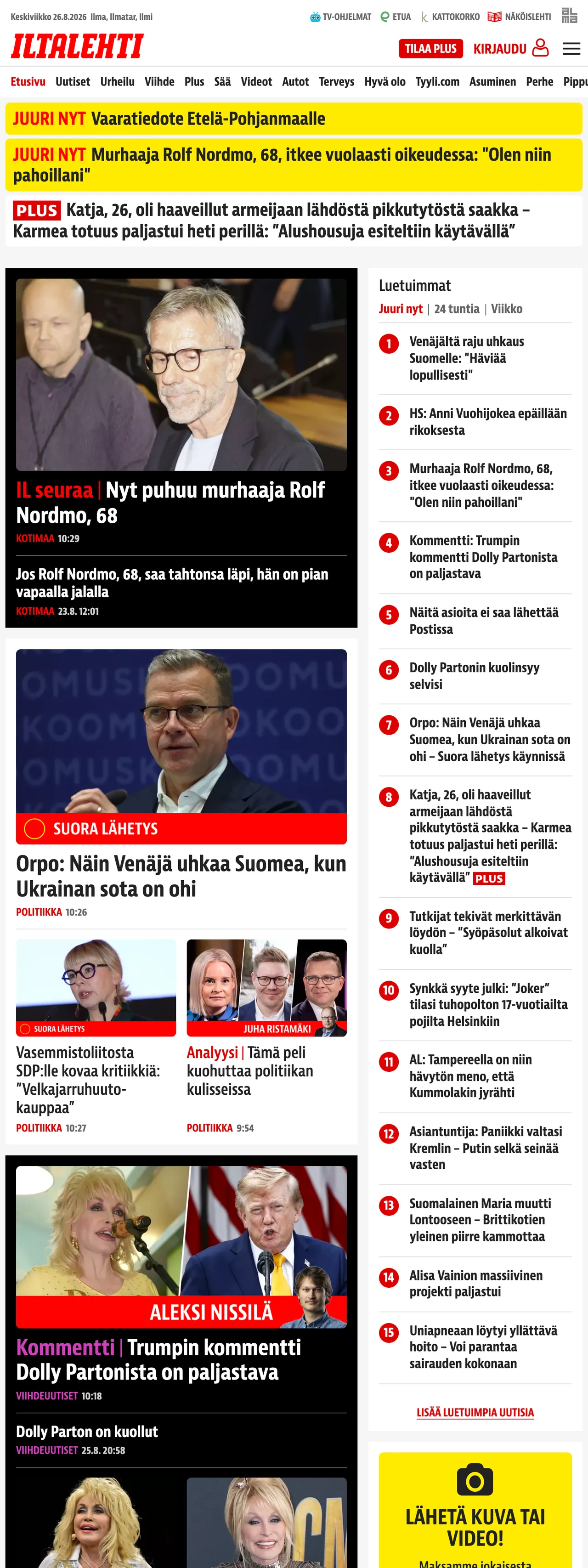 Screenshot of the Iltalehti front page