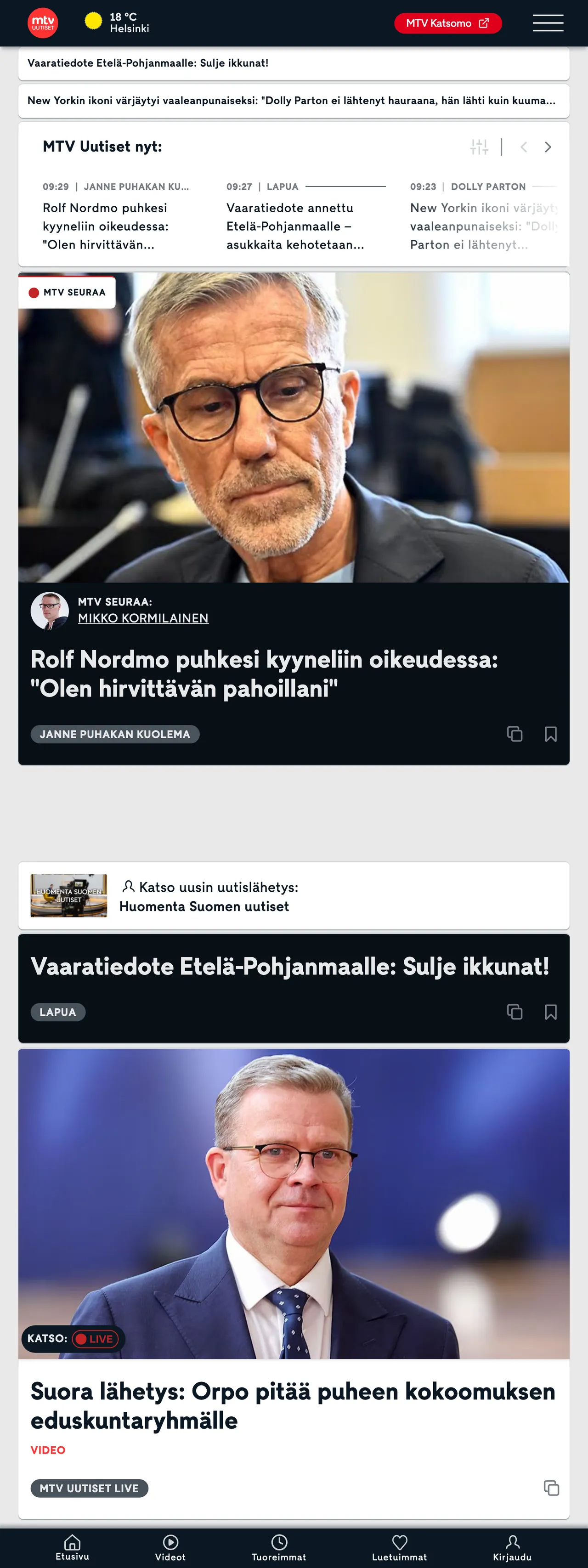 Screenshot of the MTV Uutiset front page