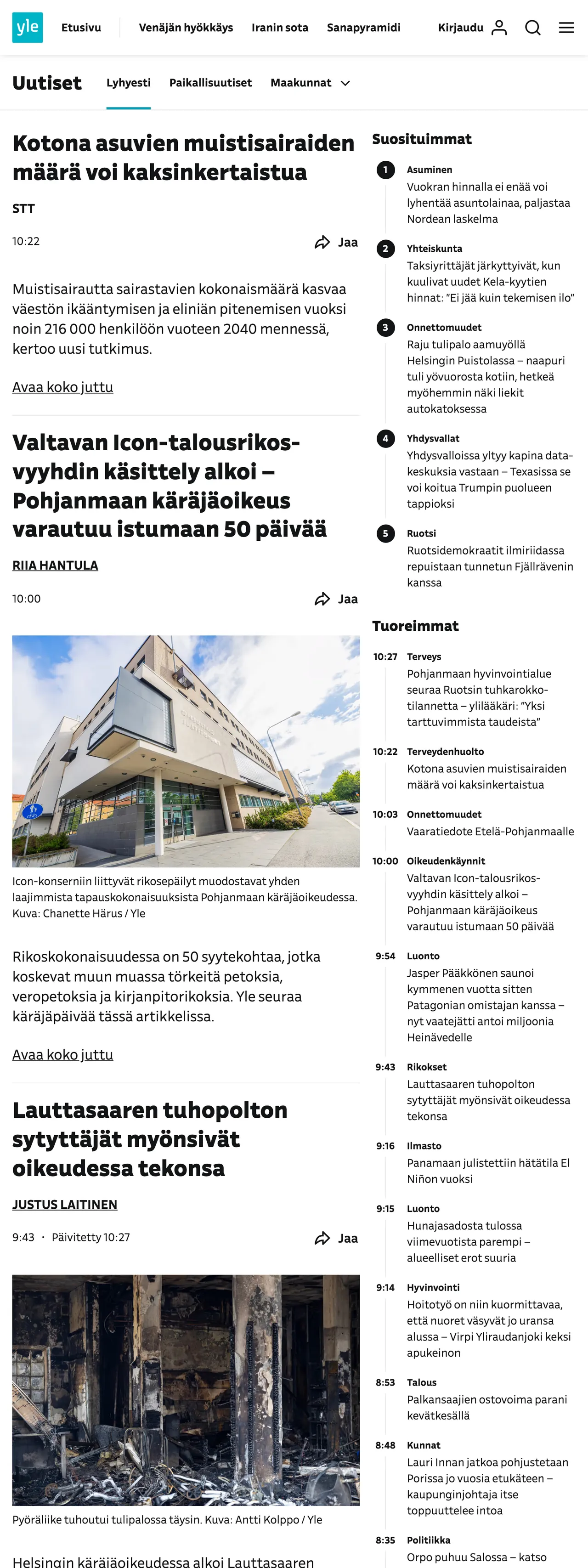 Screenshot of the Yle front page