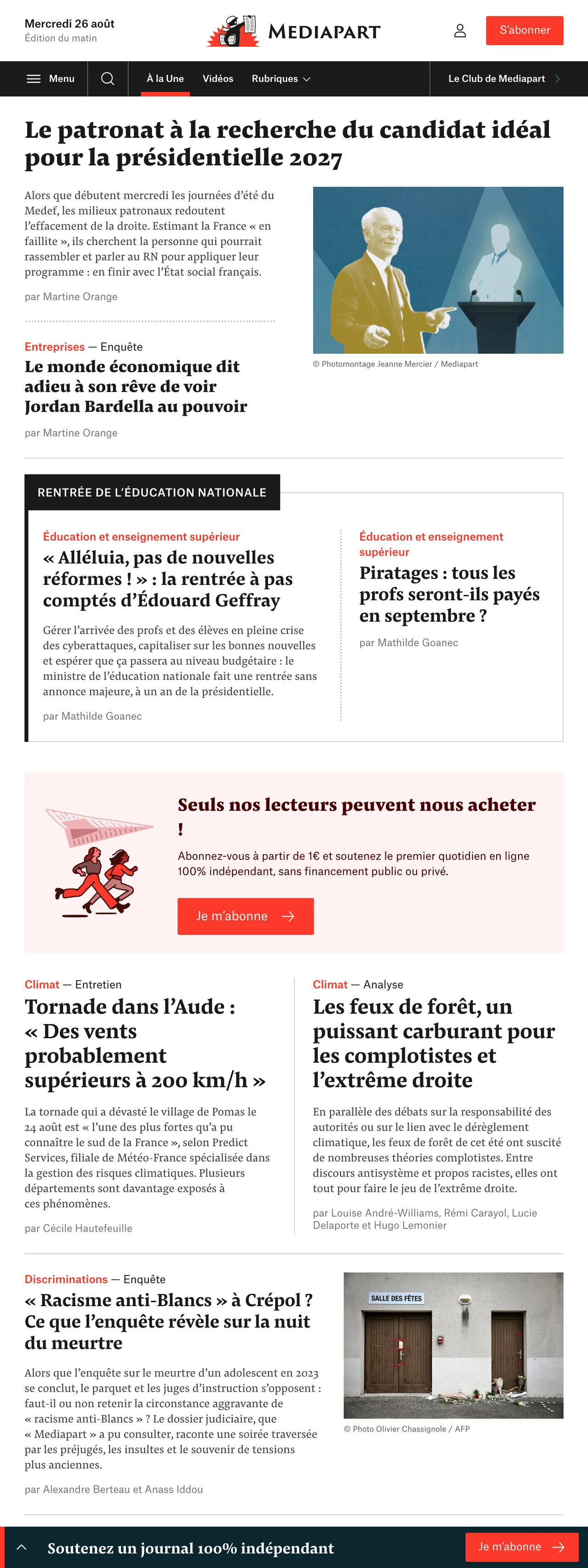 Screenshot of the Mediapart front page
