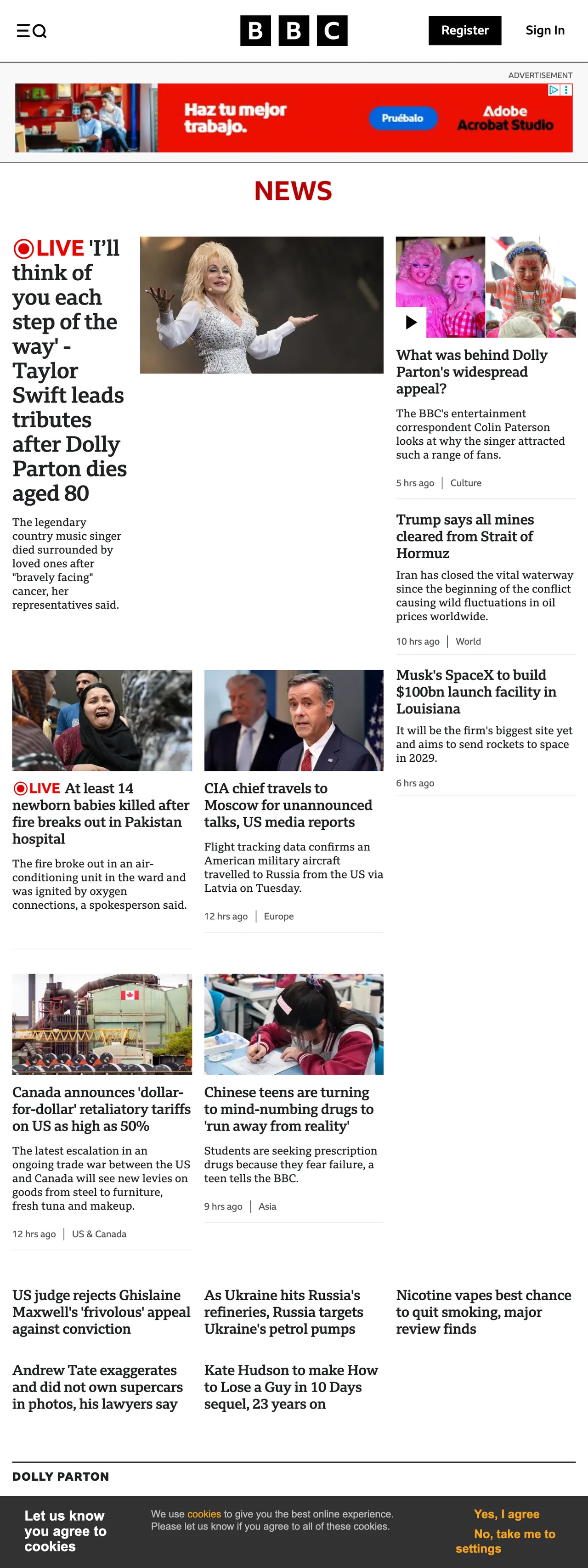 Screenshot of the BBC News front page