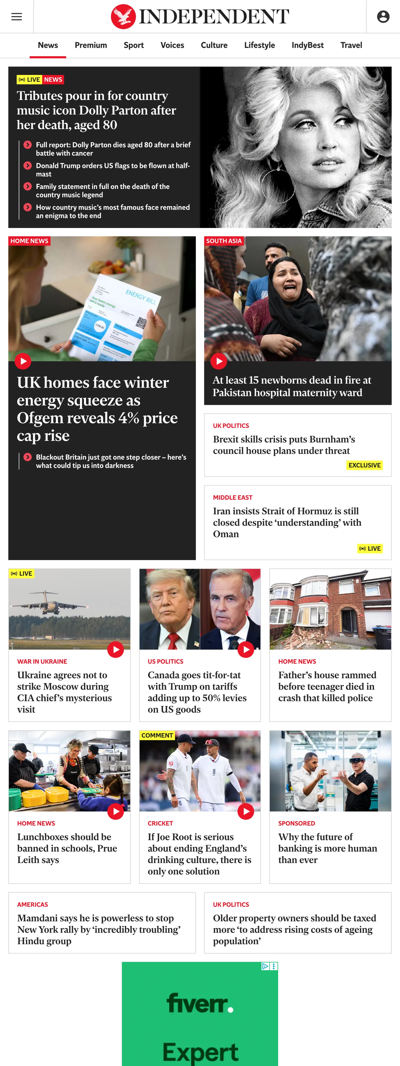 Screenshot of the The Independent front page
