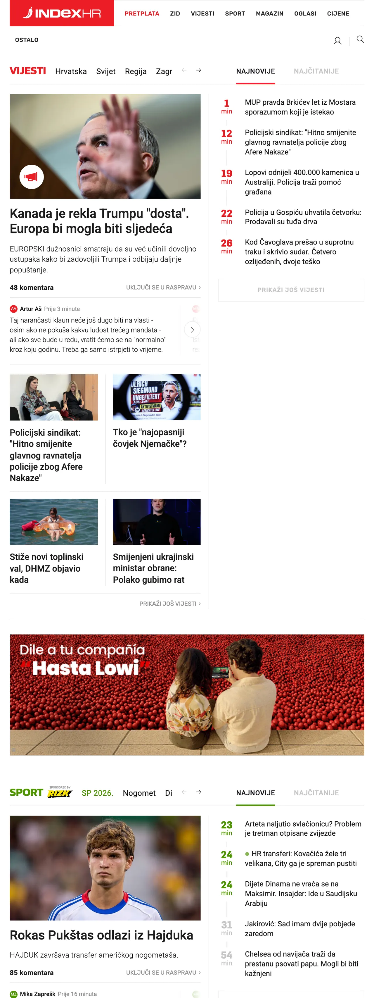 Screenshot of the Index.hr front page