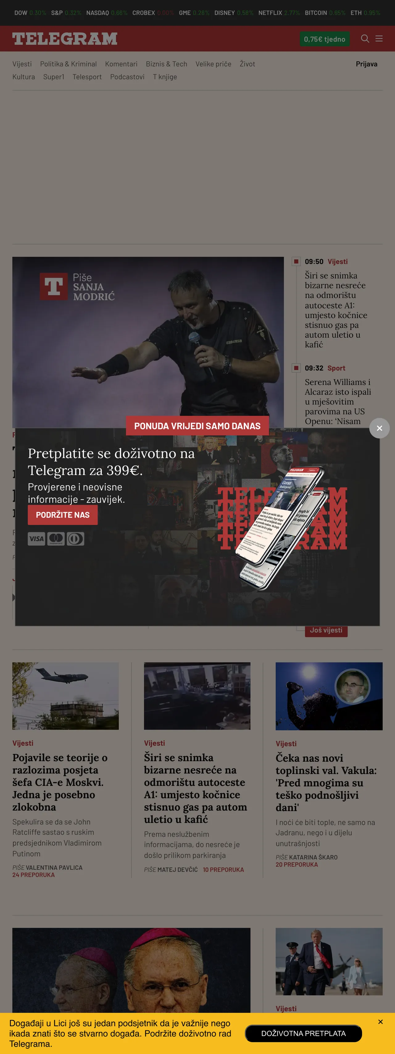 Screenshot of the Telegram.hr front page