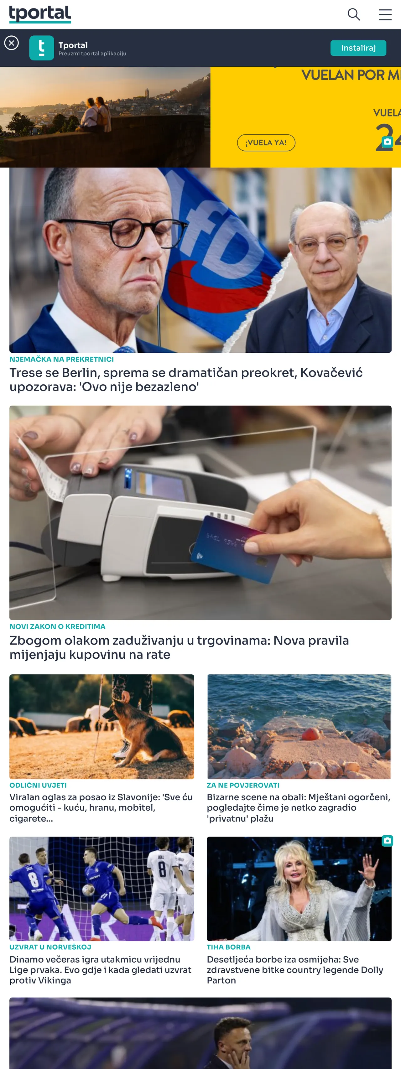 Screenshot of the tportal front page