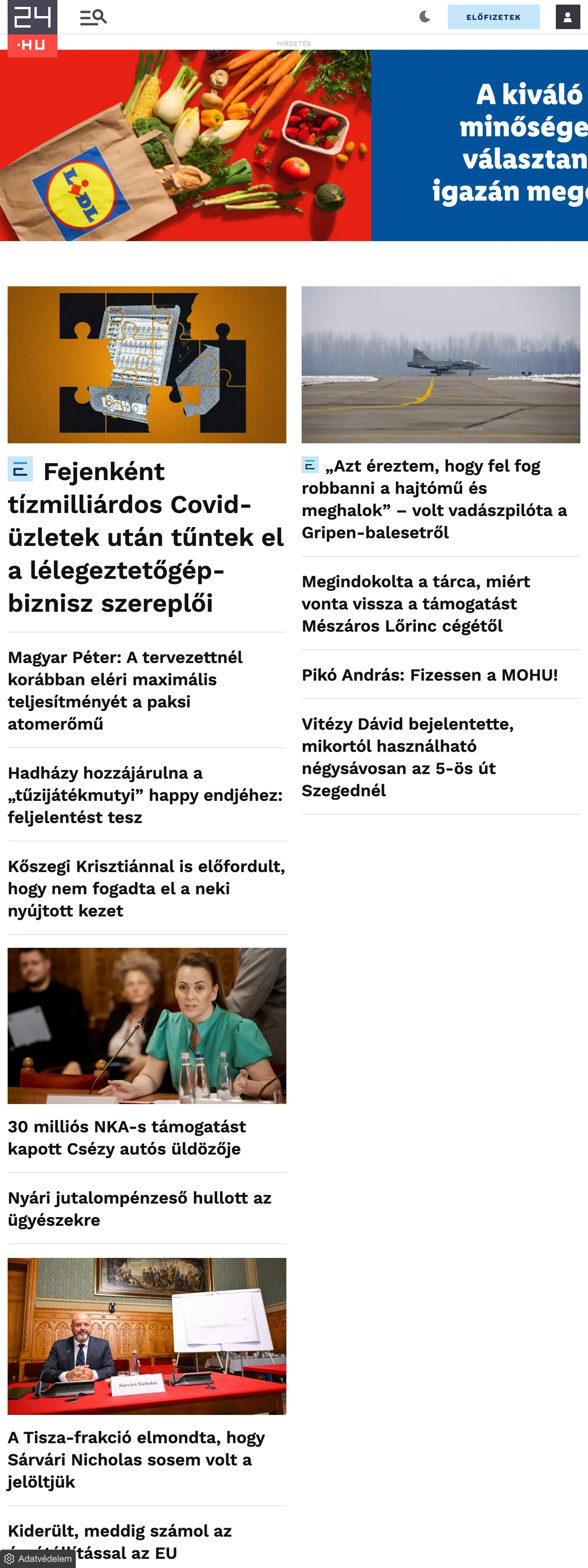 Screenshot of the 24.hu front page