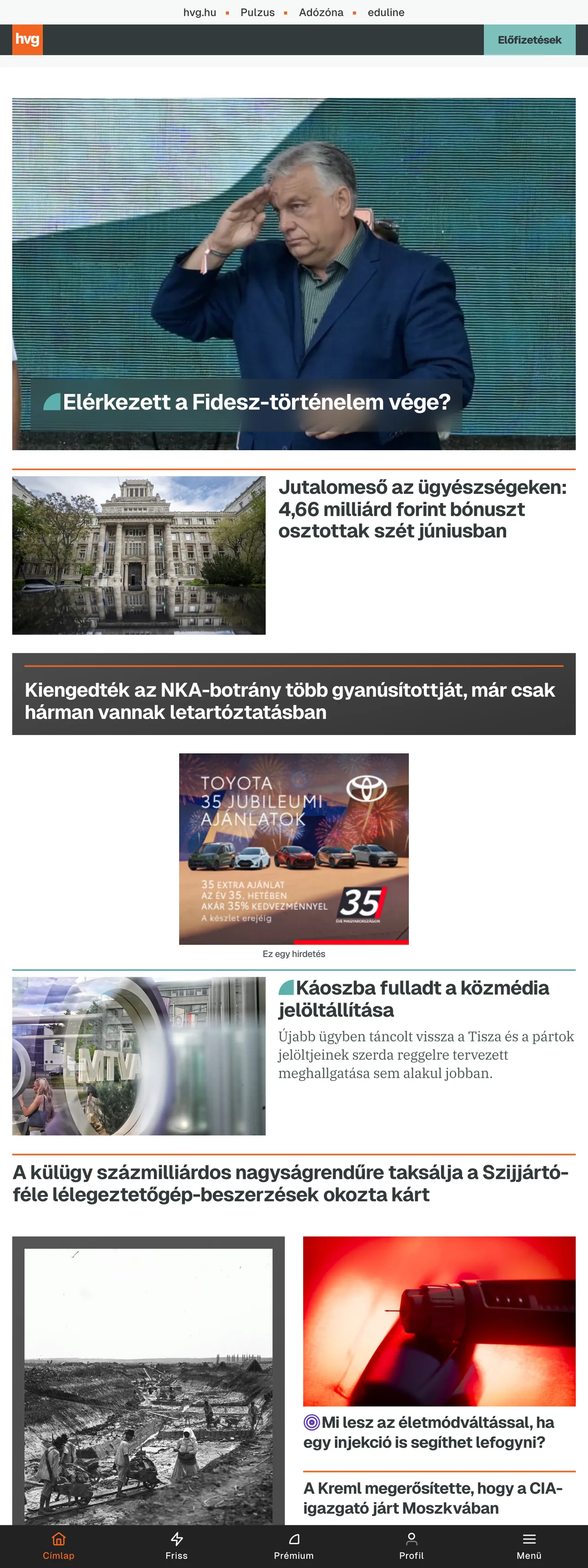 Screenshot of the HVG front page