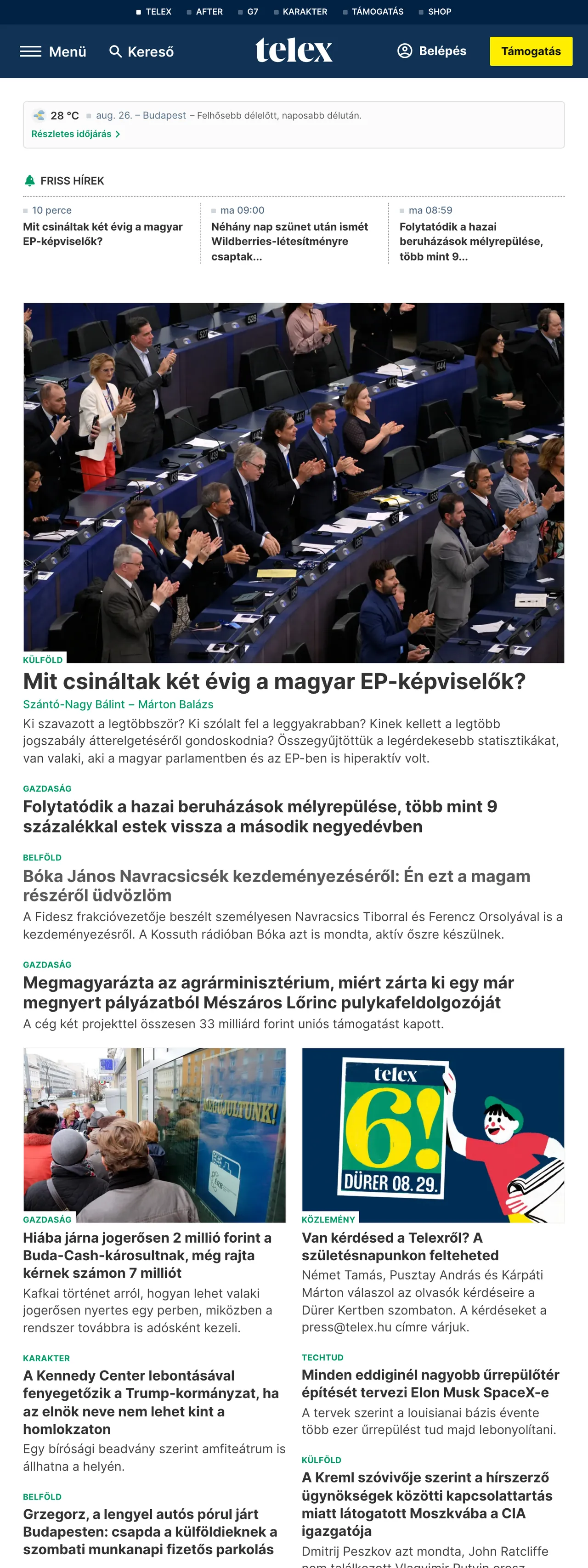 Screenshot of the Telex front page