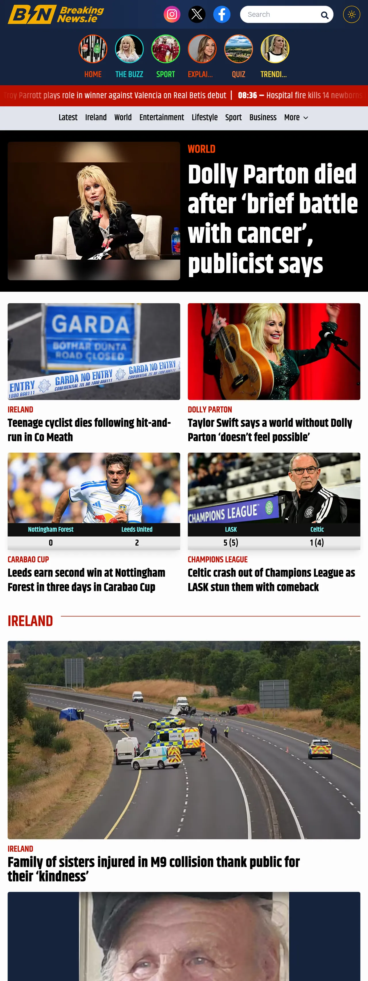 Screenshot of the BreakingNews.ie front page