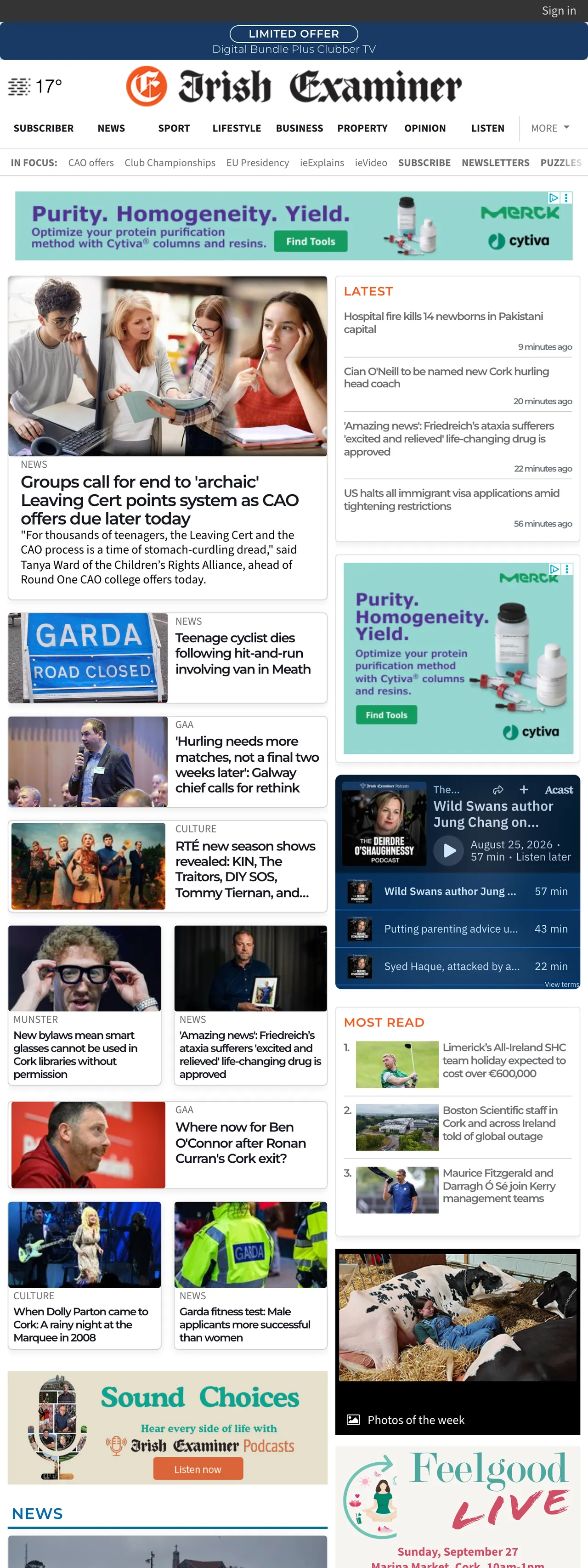 Screenshot of the Irish Examiner front page