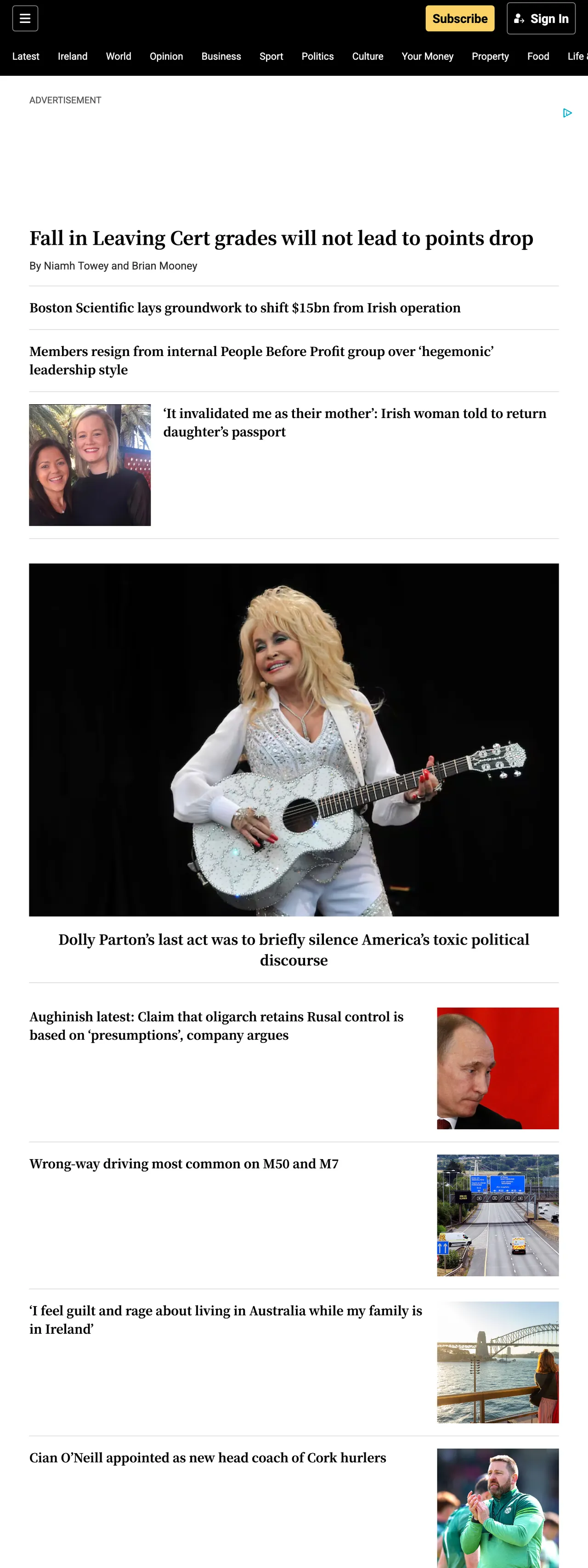 Screenshot of the The Irish Times front page