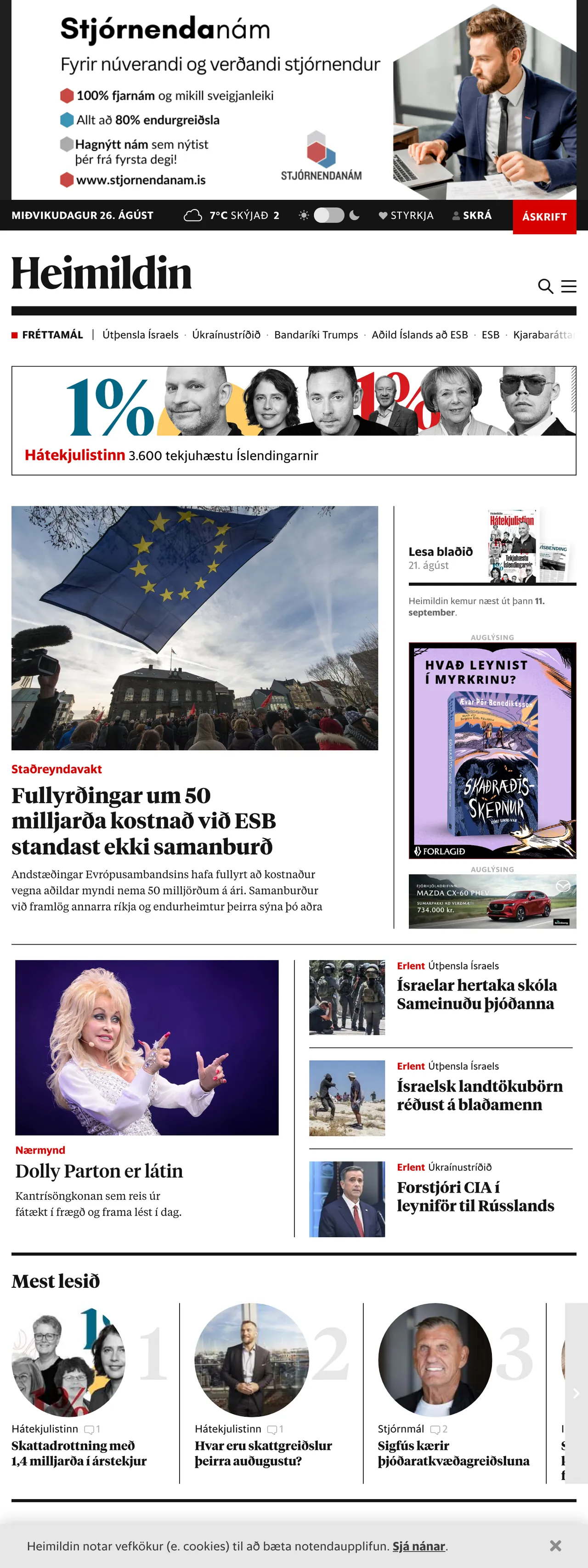 Screenshot of the Heimildin front page