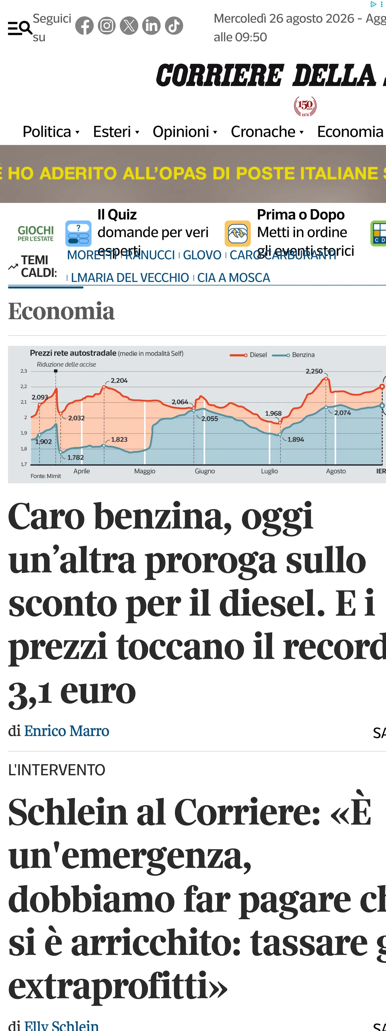 Screenshot of the Corriere della Sera front page