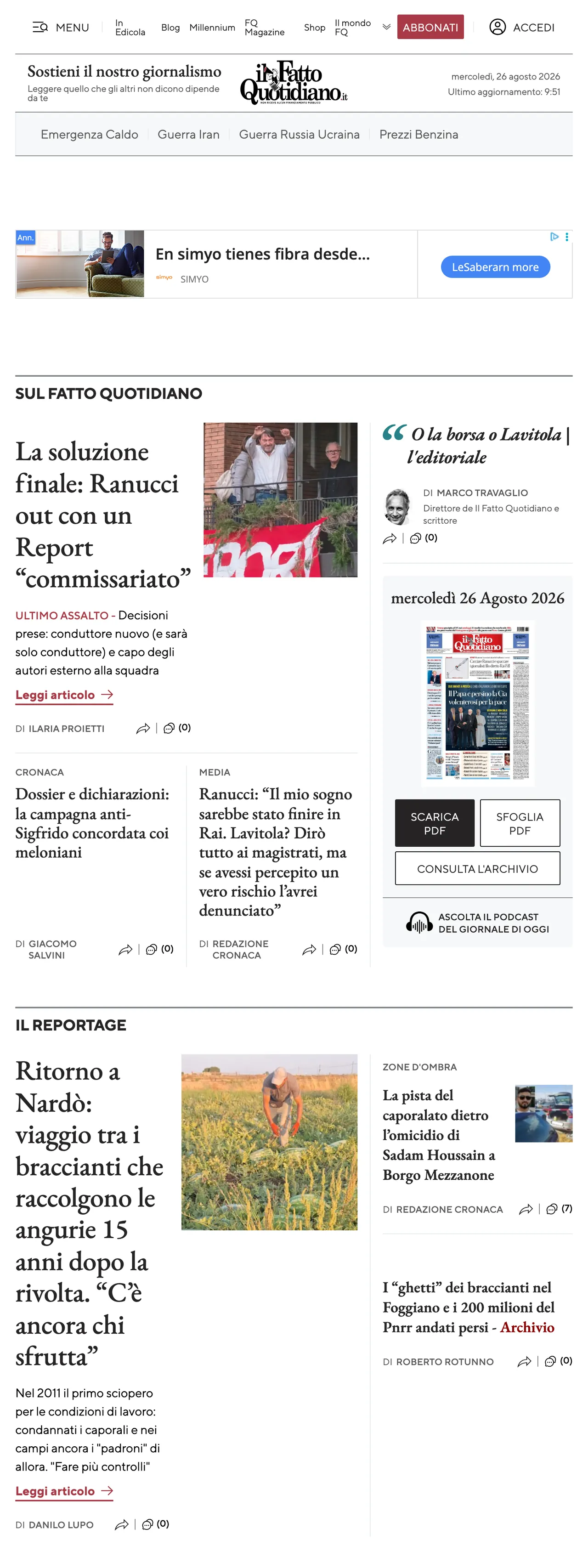 Screenshot of the Il Fatto Quotidiano front page