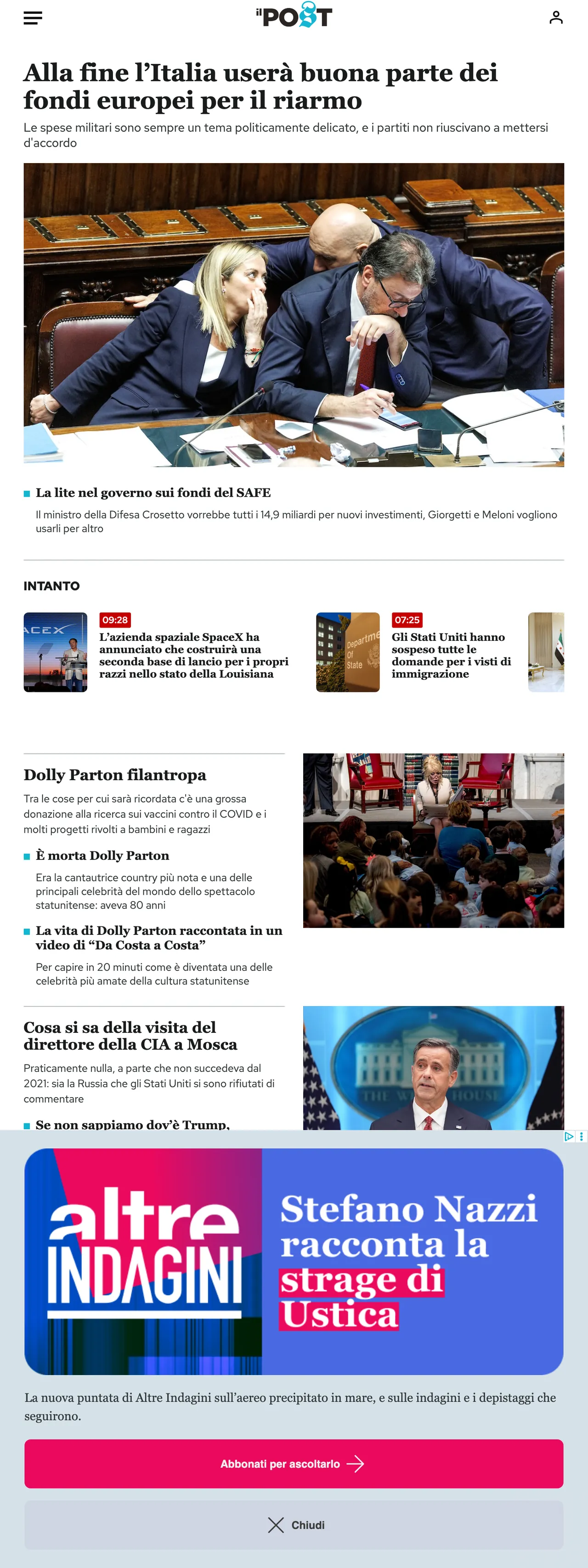 Screenshot of the Il Post front page