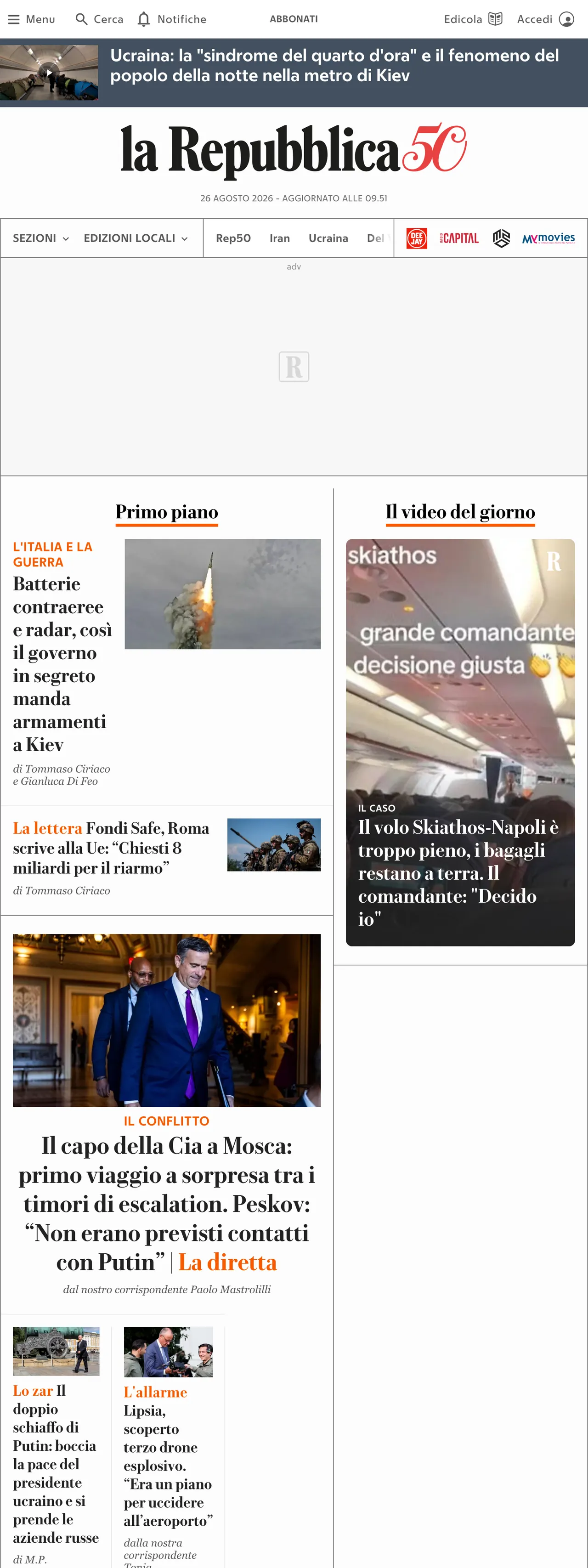 Screenshot of the la Repubblica front page