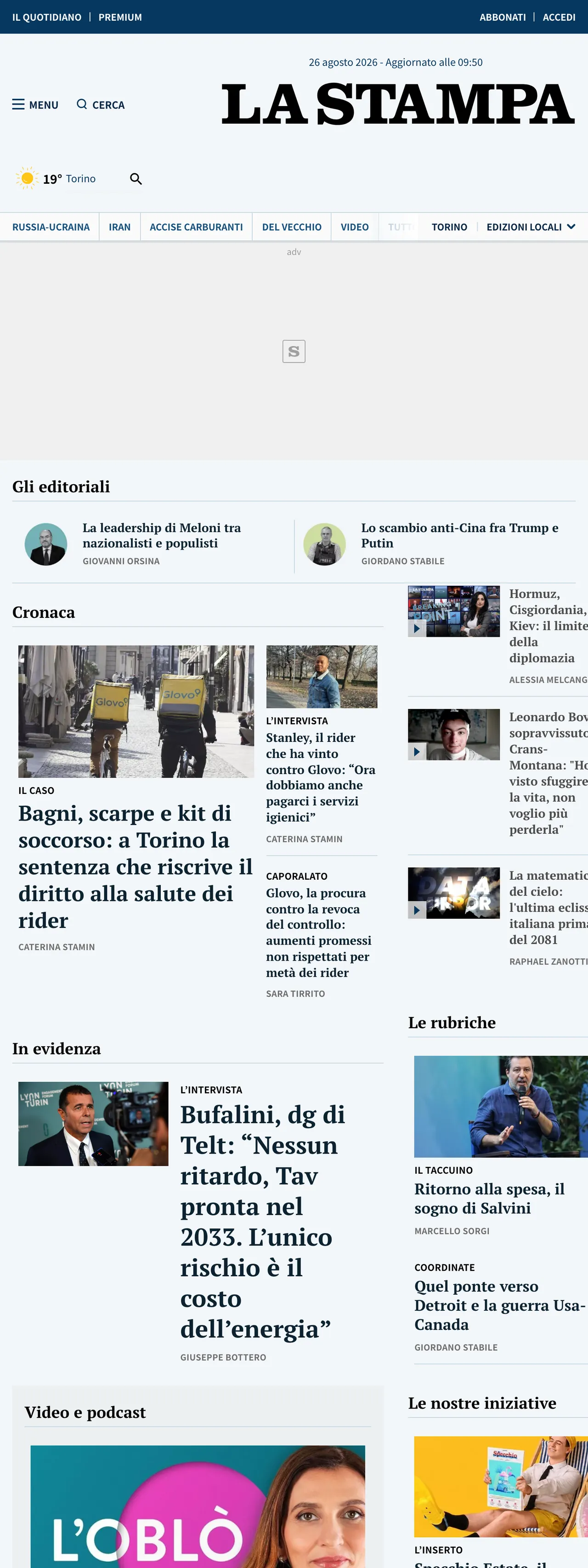 Screenshot of the La Stampa front page