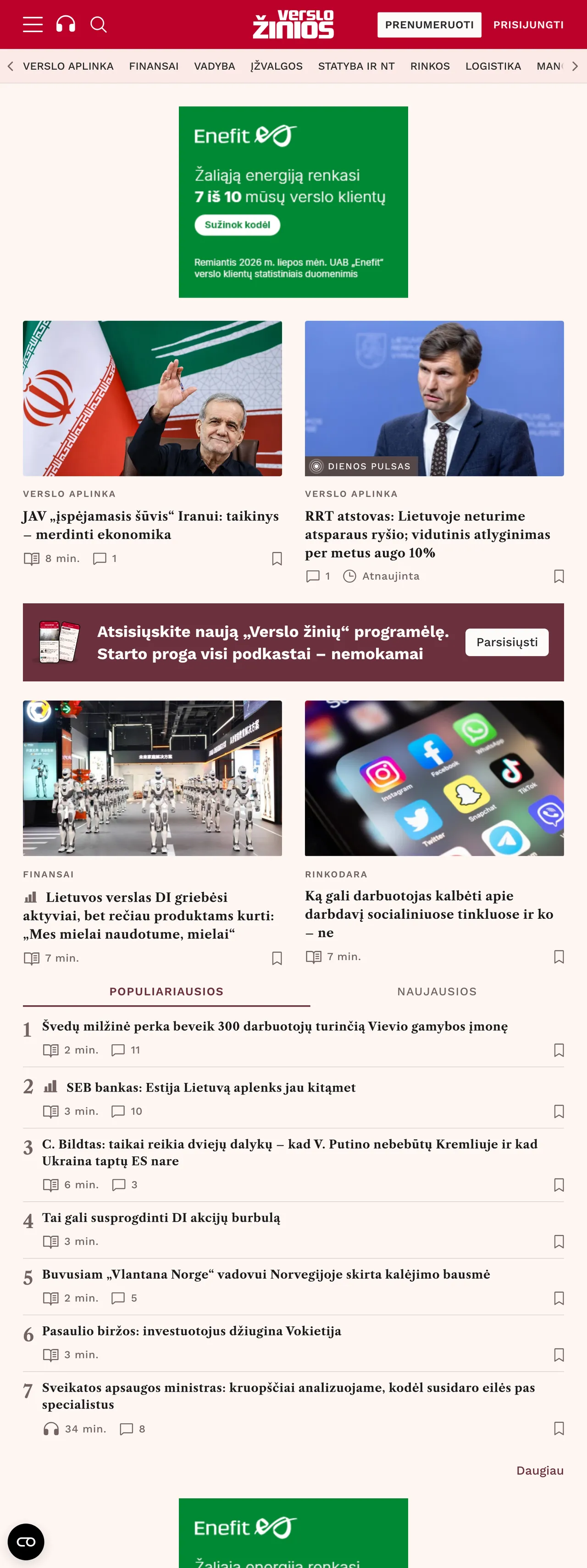 Screenshot of the Verslo žinios front page