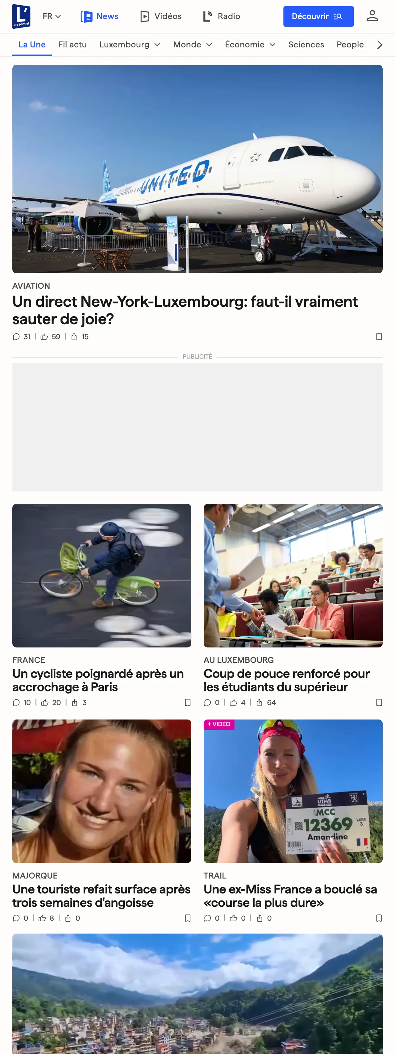 Screenshot of the L'essentiel front page